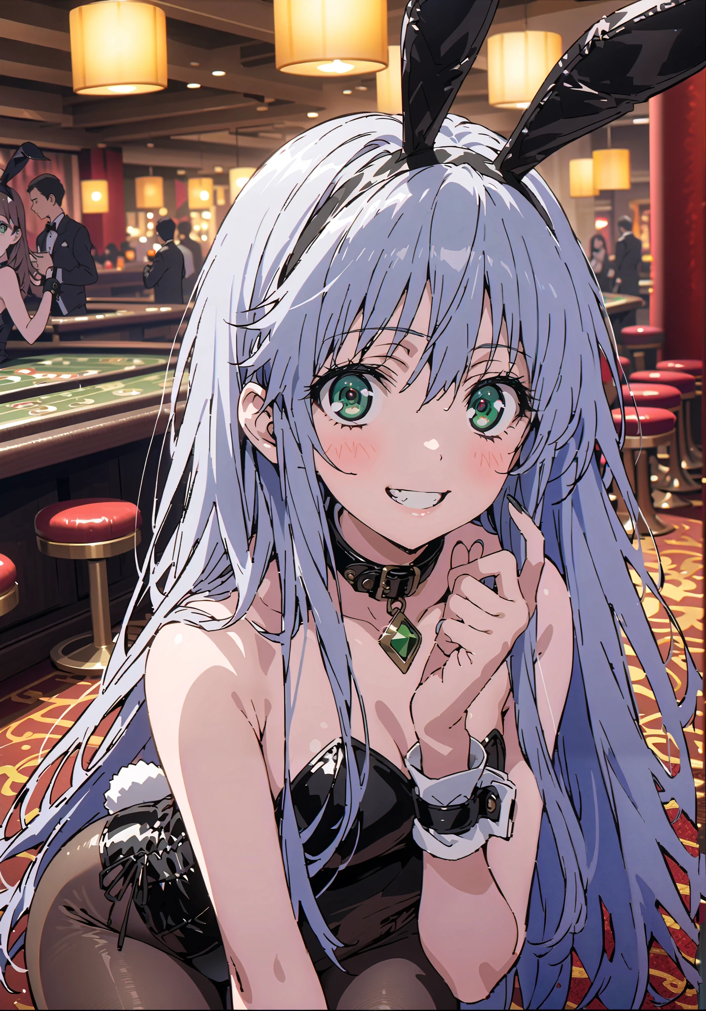score_9, score_8_up, score_7_up, source_anime, Prohibited bibliography, green eyes, Lantern, long hair, smile,blush, grin ,playboy bunny, rabbit ears, strapless leotard, fake animal ears , rabbit tail, leotard, collar with a butterfly on the back, wrist cuff as pmaru,black pantyhose,pin heels,トレイ on the one hand, casino,chandelier, party venue,standing,full bodyがillustration for both eyesに入るように, break indoors, casino,
break looking at viewer,full body,
break (masterpiece:1.2), Top Quality, High Resolution, Unity 8K Wallpaper , (illustration for both eyes:0.8), (Beautiful Detailed Eyes:1.6), highly detailed face with a woman, perfect lighting, highly detailed CG, (perfect hands in a dark bedroom, perfect anatomy),