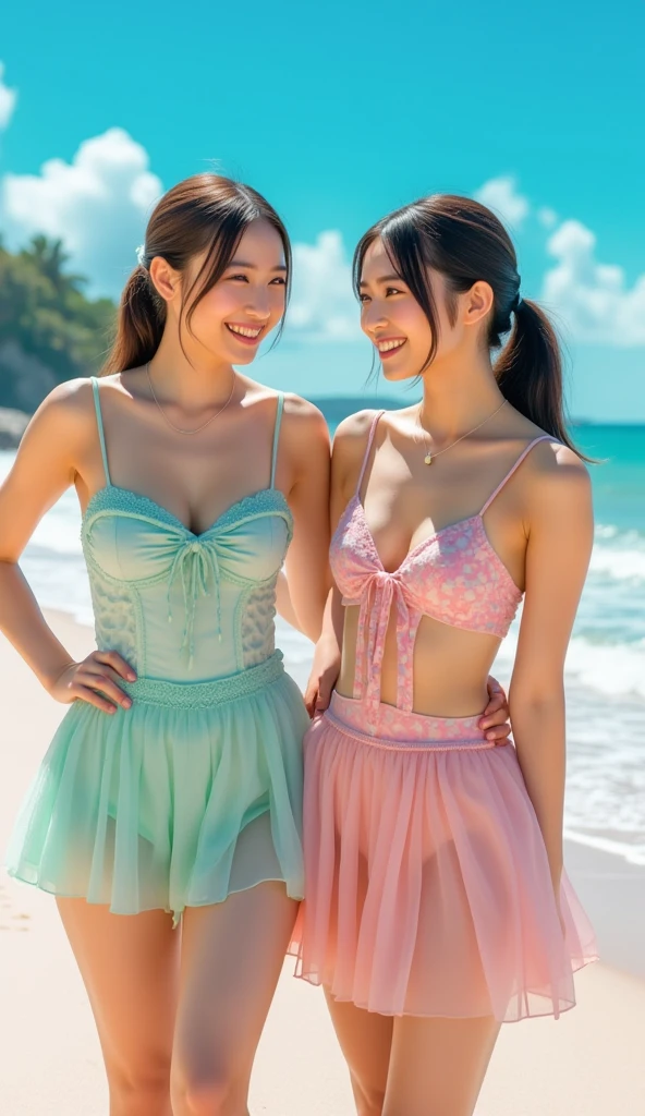 two girls、fun atmosphere, beautiful and fine eyes, cute hairstyles, Vivid costumes, pose playfully, wood々sunlight shining through the gap, soft shadow, Bright colors, lively look, zora々energy, laughter and giggles, delicate flowers,、friendship and bond, capture happy moments, Moderate: Top quality digital illustrations, High resolution), super detailed, realistic, Vibrant color palette, Natural light、light colored room wear