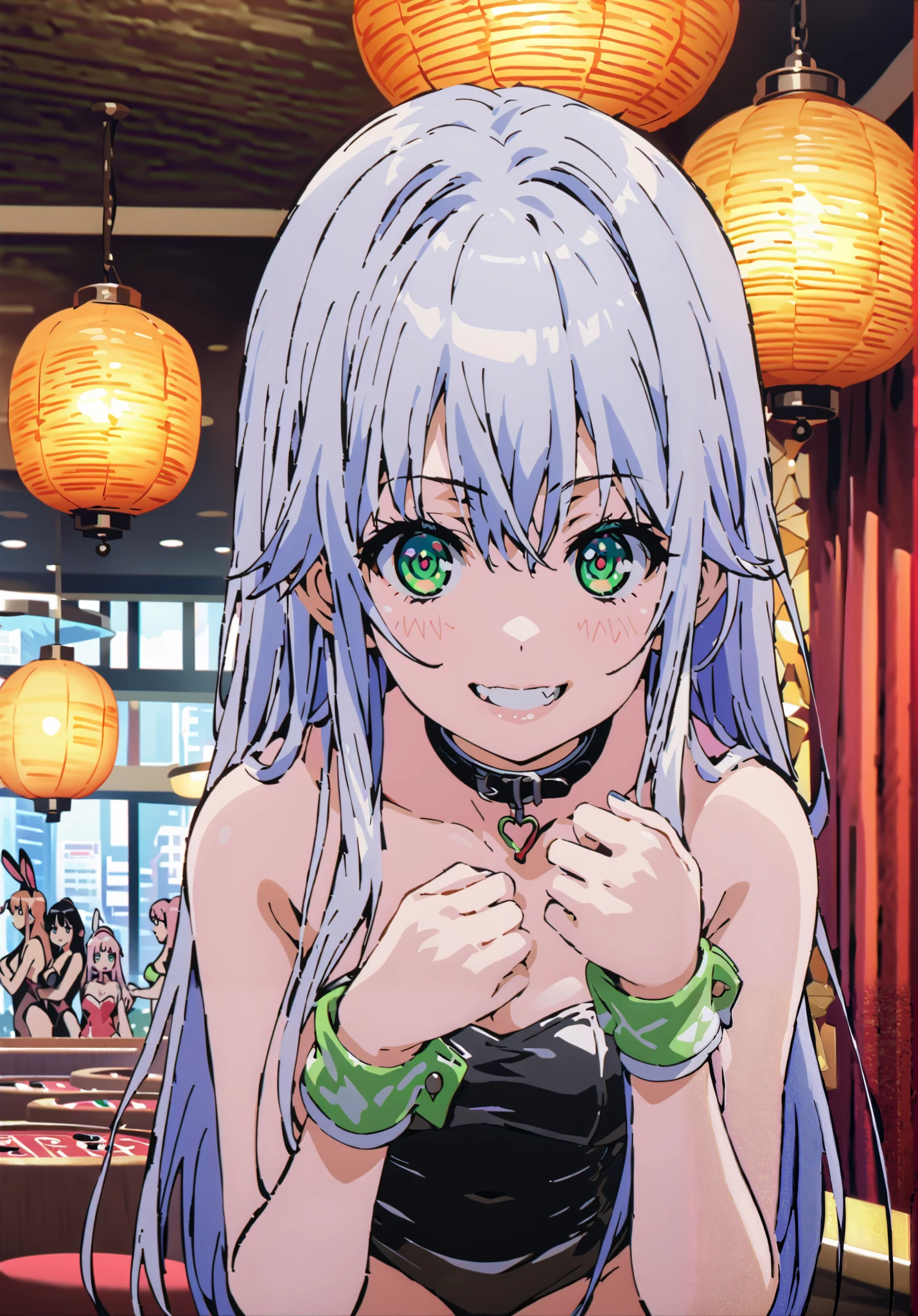 score_9, score_8_up, score_7_up, source_anime, Prohibited bibliography, green eyes, Lantern, long hair, smile,blush, grin ,playboy bunny, rabbit ears, strapless leotard, fake animal ears , rabbit tail, leotard, collar with a butterfly on the back, wrist cuff as pmaru,black pantyhose,pin heels,トレイ on the one hand, casino,chandelier, party venue,standing,full bodyがillustration for both eyesに入るように, break indoors, casino,
break looking at viewer,full body,
break (masterpiece:1.2), Top Quality, High Resolution, Unity 8K Wallpaper , (illustration for both eyes:0.8), (Beautiful Detailed Eyes:1.6), highly detailed face with a woman, perfect lighting, highly detailed CG, (perfect hands in a dark bedroom, perfect anatomy),