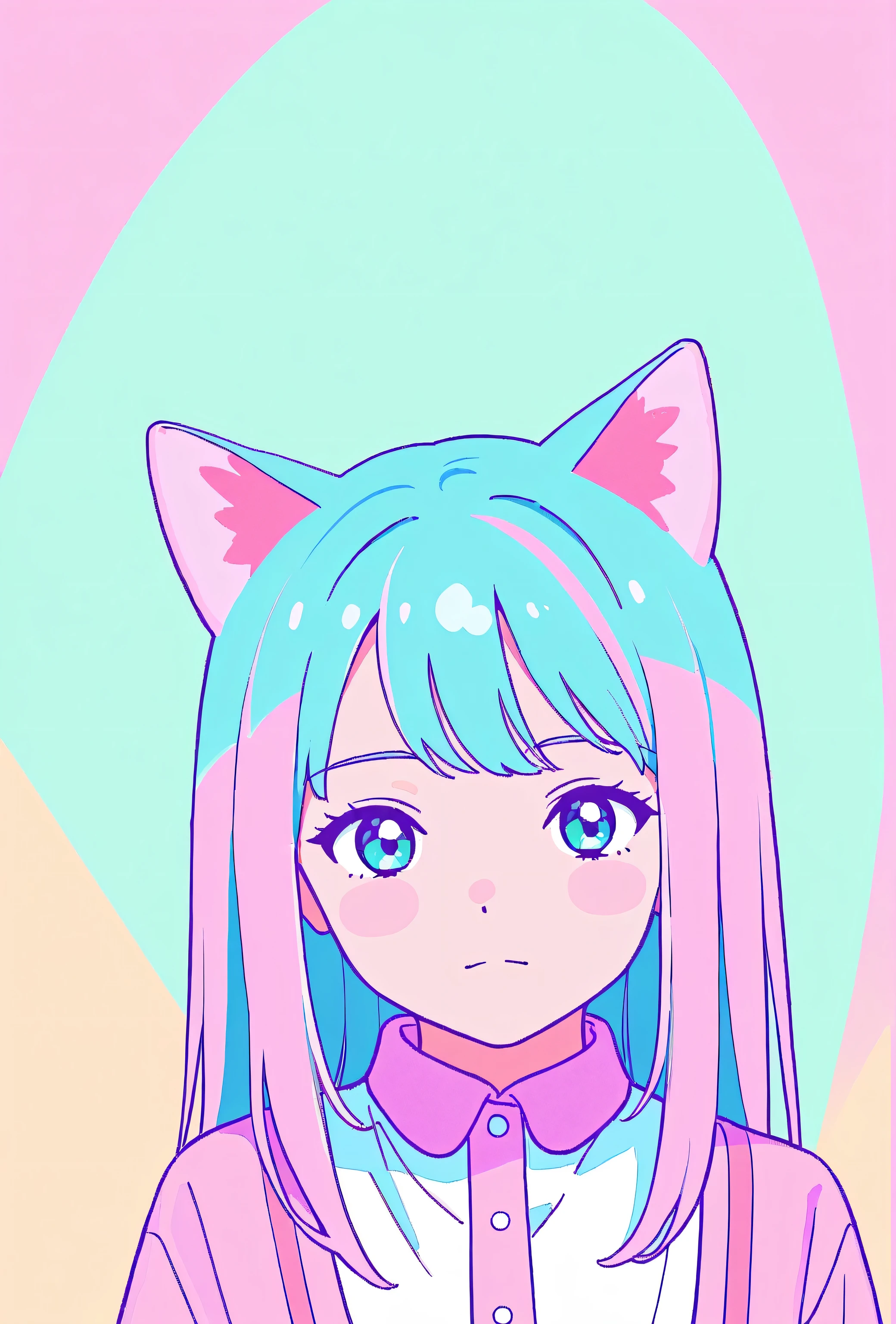 random hot and busty korean catgirl, cat ears, pastel color palette, no background, pastel background, colorful background,