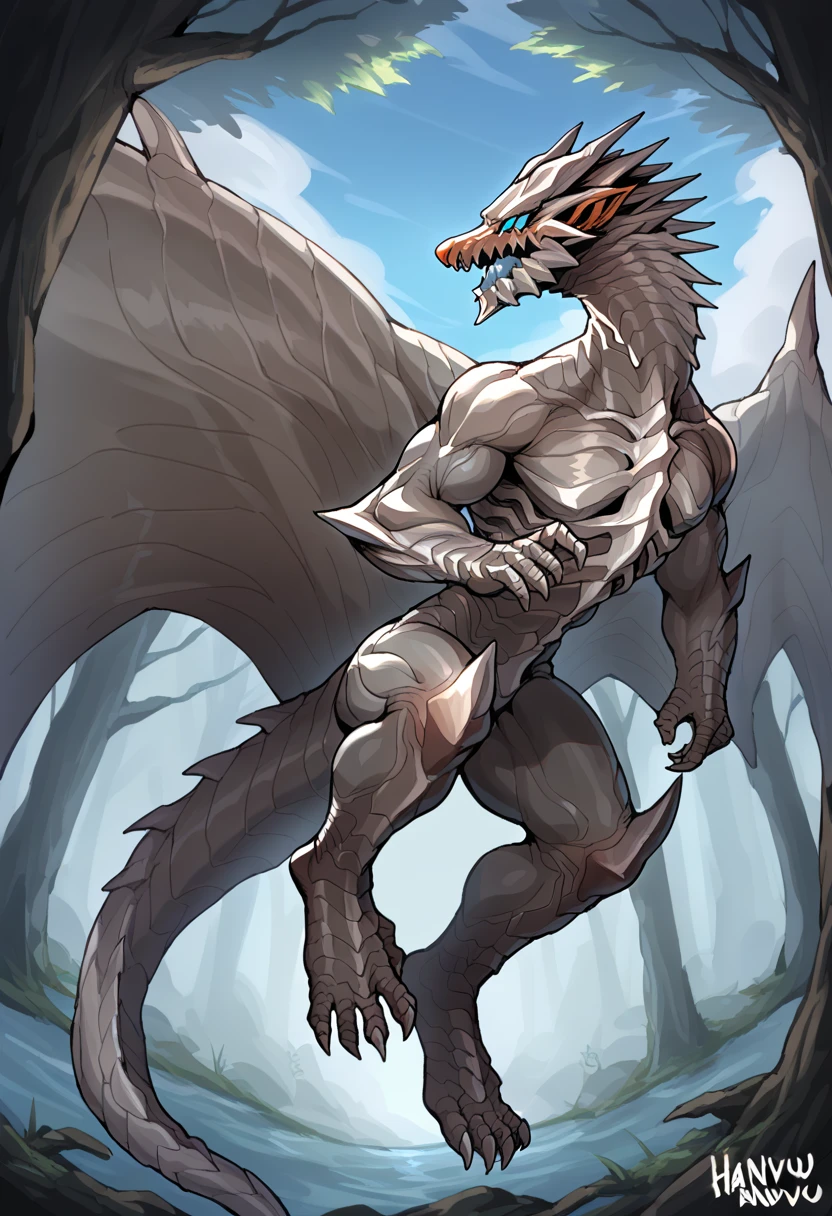 nj5furry, (black dragon, huge, wings), dragon, (big wings), ((extremely realistic shadows, masterpiece, extremely detailed, photorealistic)), kemono, black skin, (scales) red eyes, wearing a tiny thong revealing huge muscular thighs, bulge in the crotch, mountains. Height 185 cm, the optimal height, tight clothing, body full of muscles; ripped abs, V-shaped body, thick waist, long legs, strong arms manly, handsome face, attractive cool calm face type with a cold smile, topless.