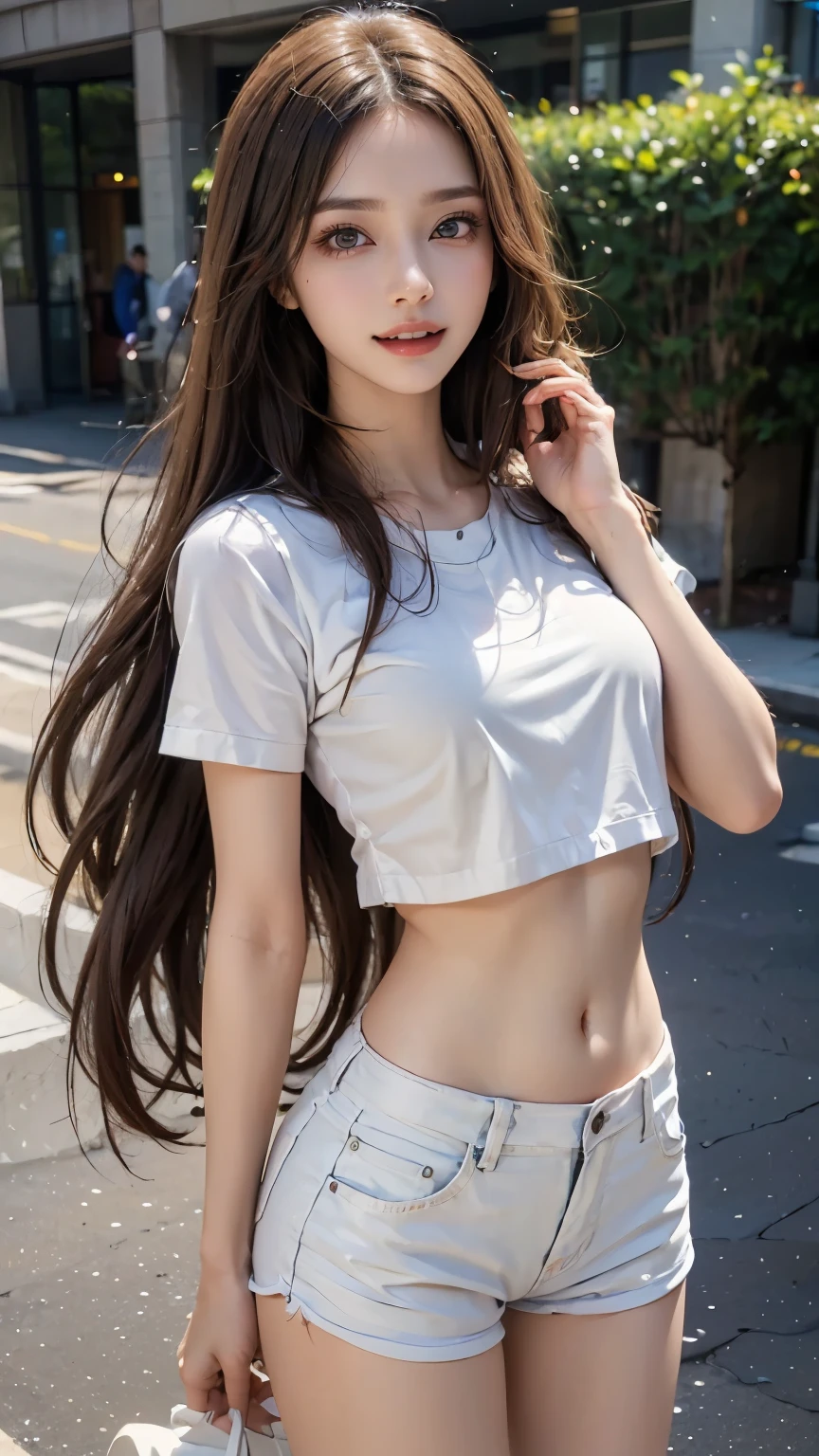 ((Best Quality, 8K, Masterpiece: 1.3)), (Flower Cap: 1.3), Focus: 1.2, Perfect Body Beauty: 1.4, Buttocks: 1.2, (Layered Haircut: 1.2)), (Dark Street: 1.3), Highly Detailed Face and Skin Texture, Full Body, Delicate Eyes, Double Eyelids, Whitened Skin, Long Hair, (Round Face: 1.5), (Loose Crop Top, Shorts: 1.6)
