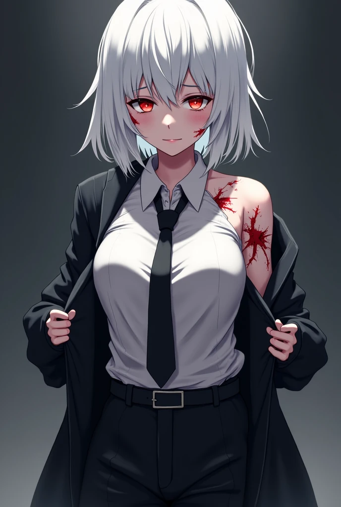 Highest quality,Very detailed,masterpiece,Super detailed,One girl,(White Background),Simple Background,Delicate eyes,Silver Hair, Red eyes,Are standing,(Dress shirt:1.3), No pants,Expressionless,Leaning forward,