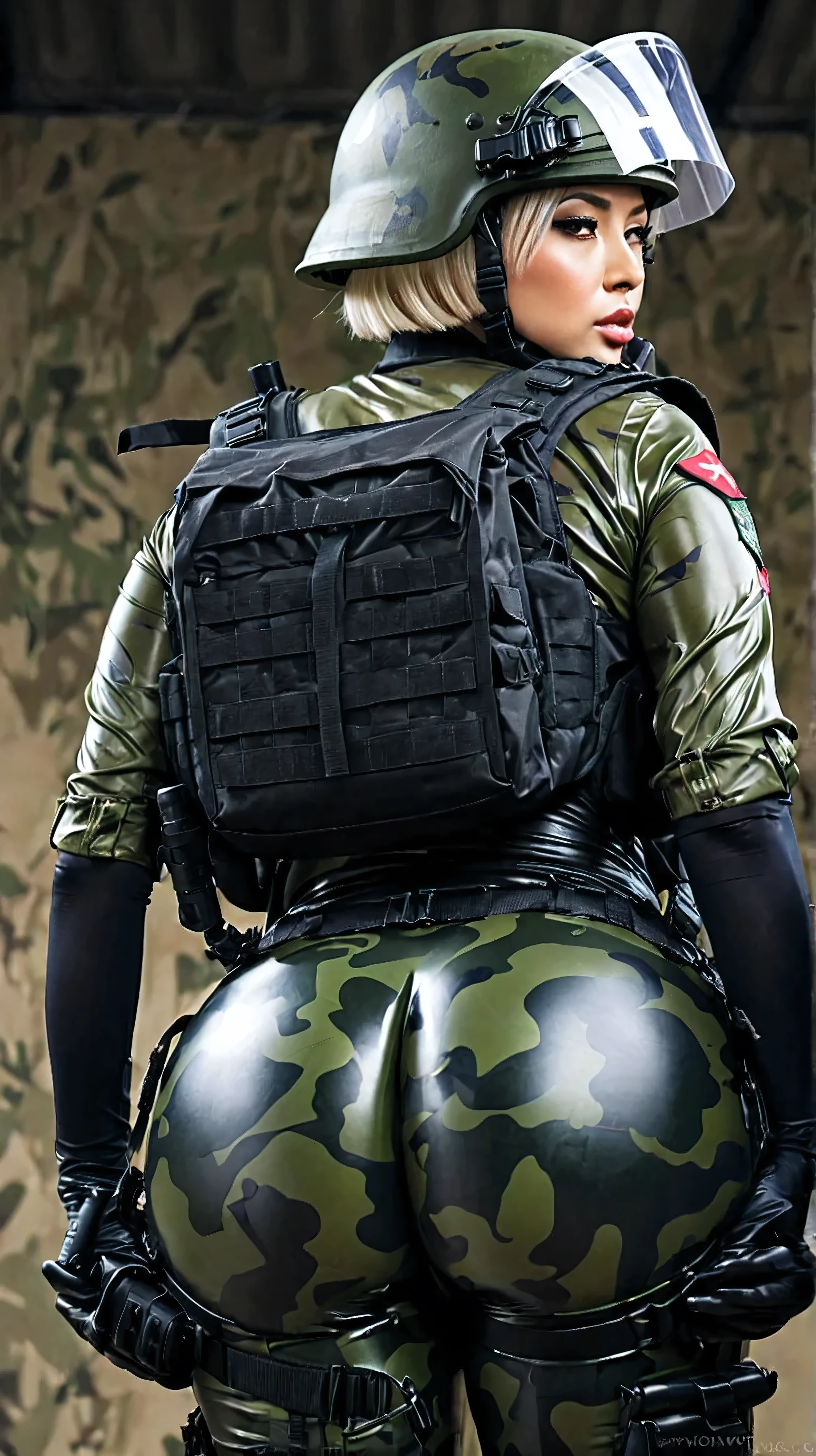 a contractor girls, Japanese and Russian facial features, white french bob haircut, wearing full black equip militar latex camouflage, chest rig tactical vest, ballistic helmet with face shield, fully dressed, with a large military backpack, voluptuous body, focusing on her ass, mega exaggeratedly inflated hips, large hips and extra big ass, slim waist, behind, very close up, in armory,