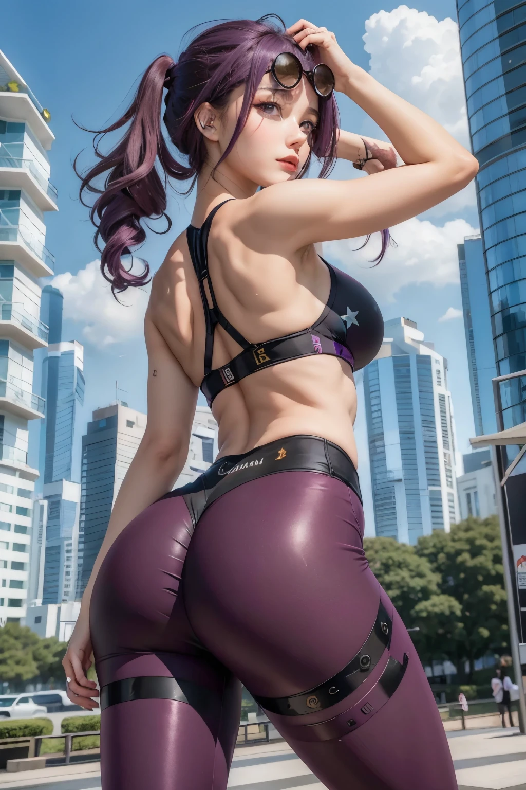 (((masterpiece, Highest quality, High resolution, 超High resolution, Perfect Pixel, Depth of written boundary, 4K, RTTX 10.0))), Beautiful Anime Women, Beautiful art style, Anime characters, ((Smooth texture, Realistic texture, Anime CG Style)), Exact finger count、Exact number of legs、(Exact number of arms:1.0, Exact number of hands:1.0), (Perfect hands, Perfect Anatomy.1.5), Cinematic, Realistic, Extremely detailed CG, Daytime lighting, Perfect lighting, Best Shadow, The best natural light, Perfectly balanced style, Perfect body, (Long Hair, Brown Hair, ponytail), ((A woman is walking, Back view:1.3), (Sexy and cute magenta underwear, Shiny satin magenta lace bra, Shiny satin side-tie magenta panties, Magenta panties with lace trim around the edges:1.3), (From directly below), (Ass close up:1.3), (In town, City stairs, blue sky)
