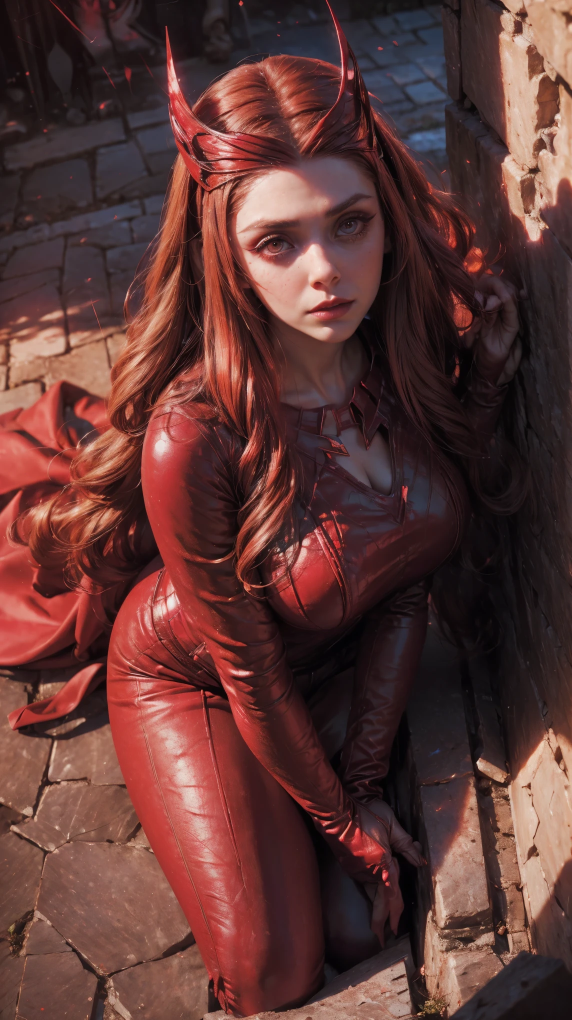 From above, Forced perspective, CLOSE up , raw, Young Girl, pale skin, scarlet witch, with brown-red hair, long hair, big eyes cristaline, bright red eyes, eyeliner, make-up, using her evil red magic, dark evil old temple, Leaning against a wall, red leather long jacket, neckline, hyperrealistic skin texture, (make-up: 1.2), ( big eyes: 1.5), (big breasts: 1.1), (Constriction: 1.2), dynamic pose, Sexy scarlet witch, curved body, thin, (top quality, masterpiece, absurd: 1.3), neon red lights, Reflected light, hard shadows, ( light particles: 1.3), ultra detailed