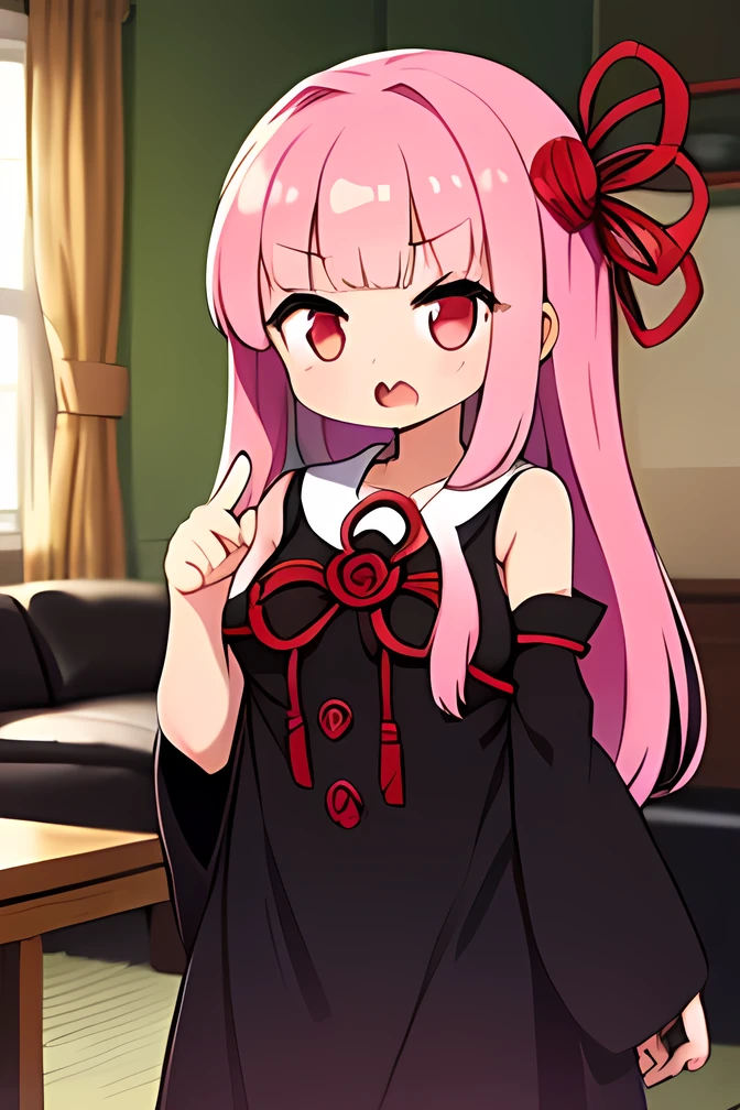 (point at viewer), 1girl ,kotonoha akane,((hanging eye)),Small eyes,red eyes, iris,(A single fang),round face,hair ribbon,long hair,pink hair,(((big breast))),(chubby),(((black dress:1.5))), detached sleeves, wide sleeves, bare shoulders ,serious face,open mouth,standing,Shout,indoors,living room, table,at night,