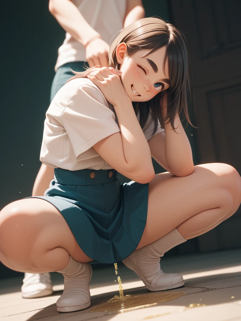 4K, One Girl, slender,Very short stature,Very thin thighs,Blunt bangs,short dress shirt, Half Sleeve,Red suspender mini skirt,blush, smile, Vibrant colors, Ahegao,A lot of love juice drips down her thighs onto the floor,(remote_play)),remote-vibrating-egg,((Someone else's hand holding a pink round remote control:1.3))、Ecstatic expression,Accurate and detailed female fingers,