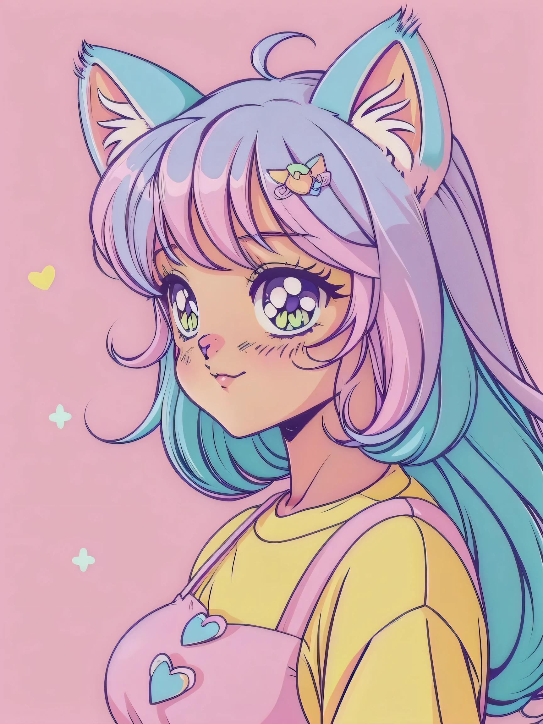 random hot and busty korean catgirl, cat ears, pastel color palette, no background, pastel background, colorful background,