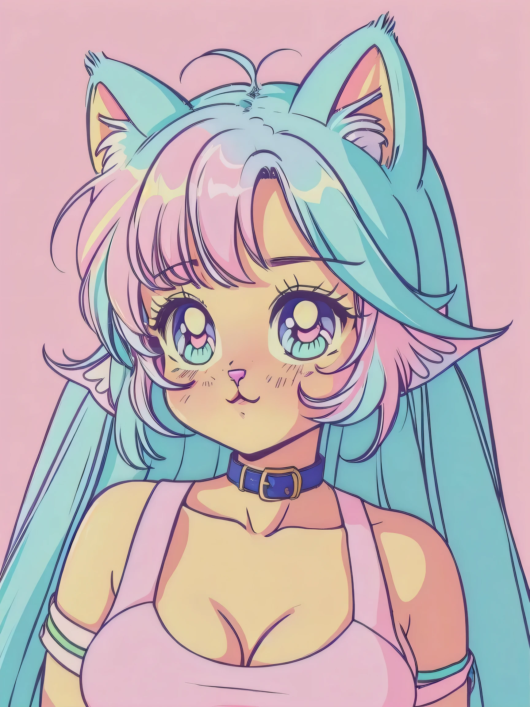 random hot and busty korean catgirl, cat ears, pastel color palette, no background, pastel background, colorful background, cartoonish character,