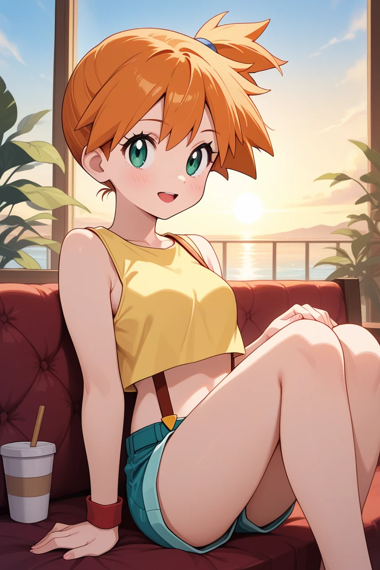 unattached beautiful girl, reclining on a vibrant red sofa, viewed from above, with a lovestruck gaze, (photorealistic:1.37), with (best quality,4k,8k,highres,masterpiece:1.2), full body, misty, 1girl, breasts, looking_at_viewer, short_hair, closed_mouth, bangs, navel, hair_between_eyes, bare_shoulders, sitting, green_eyes, full_body, lying, sleeveless, midriff, orange_hair, side_ponytail, crop_top, looking_to_the_side, eyelashes, bare_legs, sleeveless_shirt, leaning_forward, arm_support, suspenders, tank_top, denim_shorts, yellow_shirt, hair_tie, green_shorts, suspender_shorts, yellow_tank_top, down blouse, body shape, small breast, chubby thighs, thick thighs, open mouth, smile, ultra-detailed description, capturing every exquisite detail of her appearance. Her eyes are mesmerizing, with long curled lashes, glistening in the light. Her lips are perfectly shaped, with a subtle hint of a smile. She is dressed elegantly in a flowing dress, radiating grace and charm. The scene is bathed in warm and romantic lighting, creating a captivating ambiance. The artwork possesses a fusion of realism and artistic flair, resulting in a masterpiece that showcases the emotions of love and admiration.