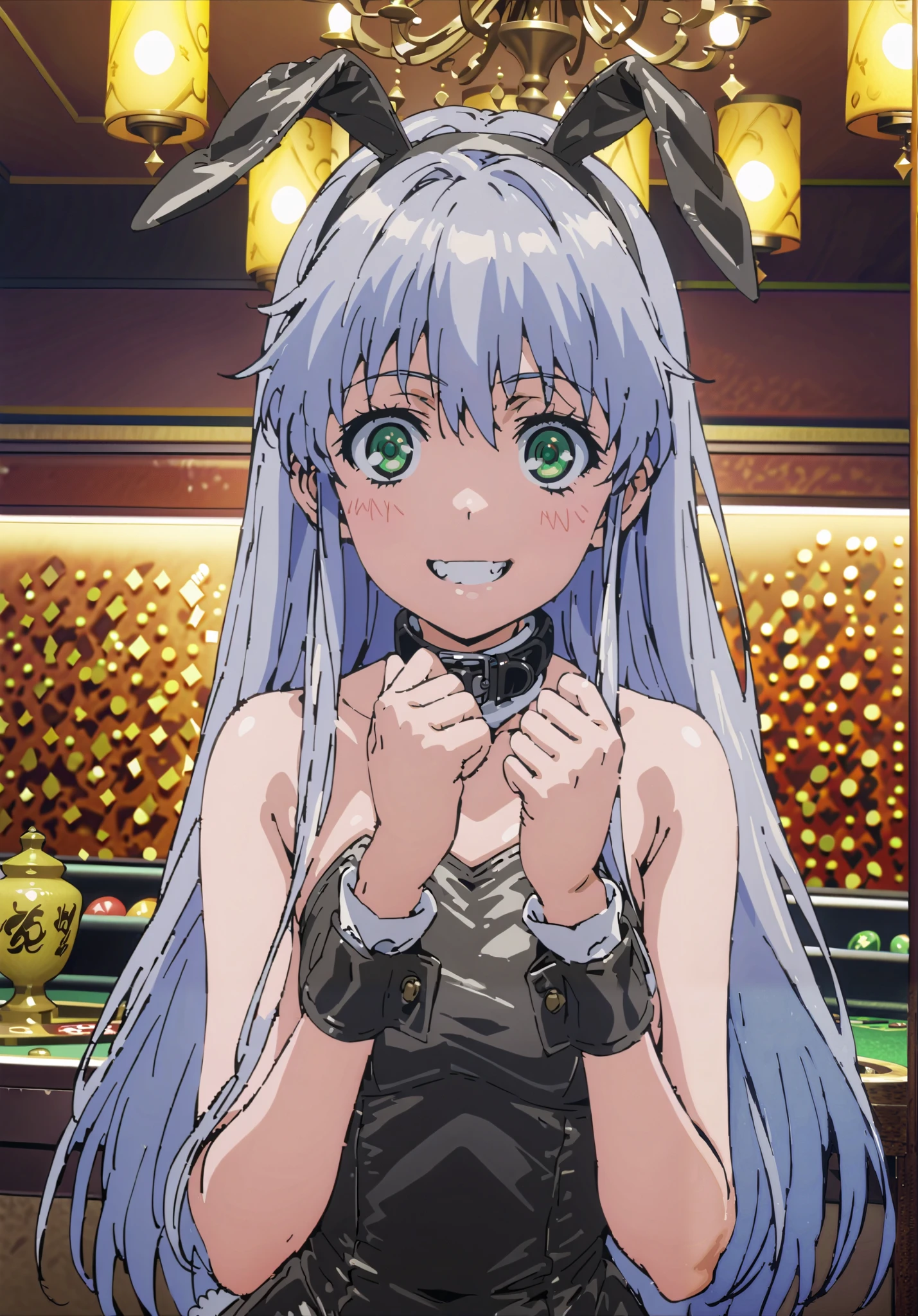 score_9, score_8_up, score_7_up, source_anime, Prohibited bibliography, green eyes, Lantern, long hair, smile,blush, grin ,playboy bunny, rabbit ears, strapless leotard, fake animal ears , rabbit tail, leotard, collar with a butterfly on the back, wrist cuff as pmaru,black pantyhose,pin heels,トレイ on the one hand, casino,chandelier, party venue,standing,full bodyがillustration for both eyesに入るように, break indoors, casino,
break looking at viewer,full body,
break (masterpiece:1.2), Top Quality, High Resolution, Unity 8K Wallpaper , (illustration for both eyes:0.8), (Beautiful Detailed Eyes:1.6), highly detailed face with a woman, perfect lighting, highly detailed CG, (perfect hands in a dark bedroom, perfect anatomy),