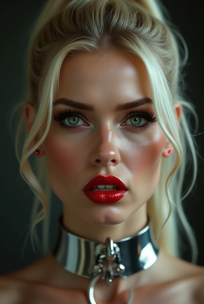best quality, 8K, HD, beautiful blonde Caucasian woman, looking very a arrogant enraged down to the camera, heavily made-up eyes, heavily made-up cheeks, shiny red lips, super blonde hair, ponytail hairstyle, shiny silver steel collar with o-ring on the front side,