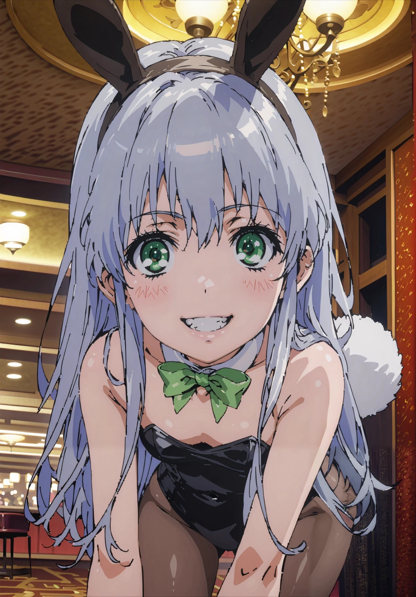 score_9, score_8_up, score_7_up,  source_anime, Prohibited bibliography, green eyes,  Lantern, long hair, smile,blush, grin ,playboy bunny, rabbit ears, bow tie,strapless leotard,  fake animal ears , rabbit tail, leotard, collar with a butterfly on the back,  wrist cuff as pmaru,black pantyhose,pin heels,トレイ on the one hand, casino,chandelier, party venue,standing,full bodyがillustration for both eyesに入るように,                                                                  break indoors, casino,
break looking at viewer,full body,
break (masterpiece:1.2), Top Quality, High Resolution,  Unity 8K Wallpaper , (illustration for both eyes:0.8), (Beautiful Detailed Eyes:1.6), highly detailed face with a woman,  perfect lighting, highly detailed CG, (perfect hands in a dark bedroom, perfect anatomy),