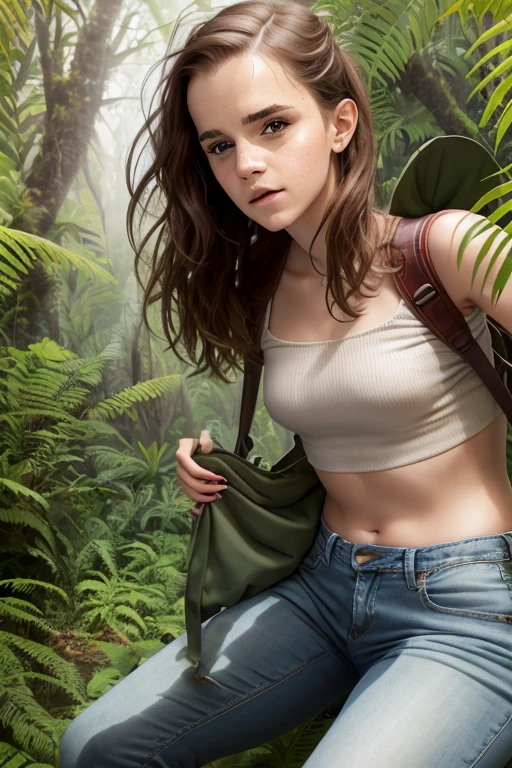 ((Emma Watson)), Professional model shooting style photo woman, crop top, denim shorts, in the jungle, fog, vegetation, rainforest, wearing a brown backpack, realistic, sharp focus, 8k high definition, insanely detailed, intricate, elegant, on summer day, wing eyeliner, eyeliner wings, hyper-realistic, ultra-detailed, over-the-knee boots --auto --s2
