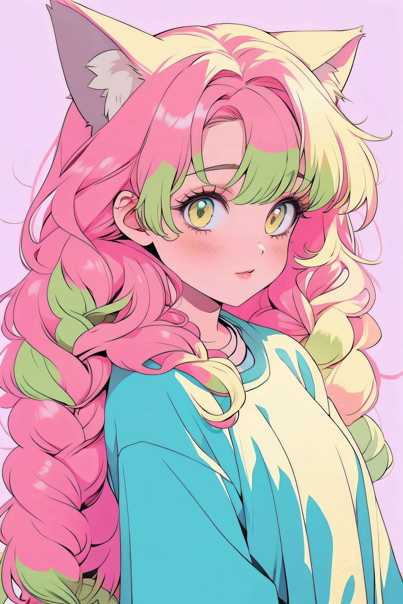 random hot and busty korean catgirl, cat ears, pastel color palette, no background, pastel background, colorful background,