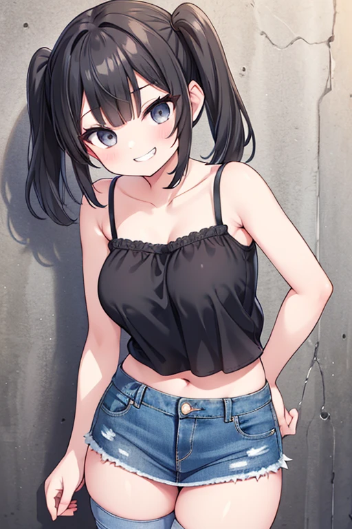 (8K、Highest quality、Highest quality、masterpiece)、Detailed face、One Girl、 Black Hair、short hair、Twin tails、Blunt bangs、Grey Eyes、Wicked Smile、((Grin))、(((Small breasts、Flat chest)))、((A glimpse of her flat chest))、((Black camisole))、((Micro Denim Hot Pants))、Cowboy Shot、((Outdoor、Blurry night back alley))、((((slouch))))、fit but not cut body, curvy butt, body focus,