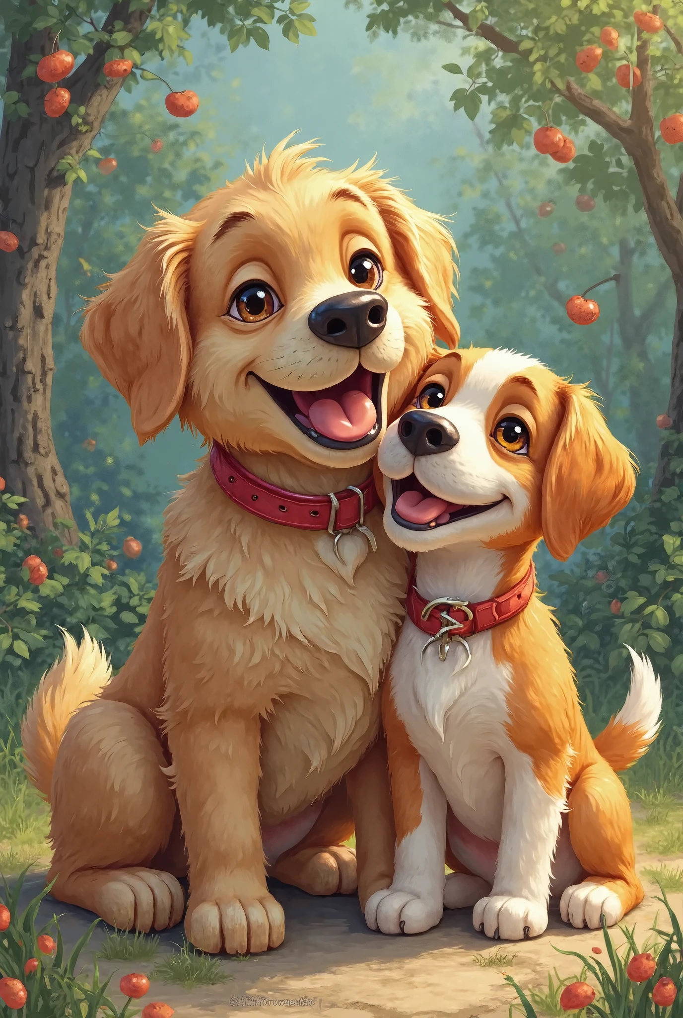 There are two dogs sitting next to each other in the woods - SeaArt AI
