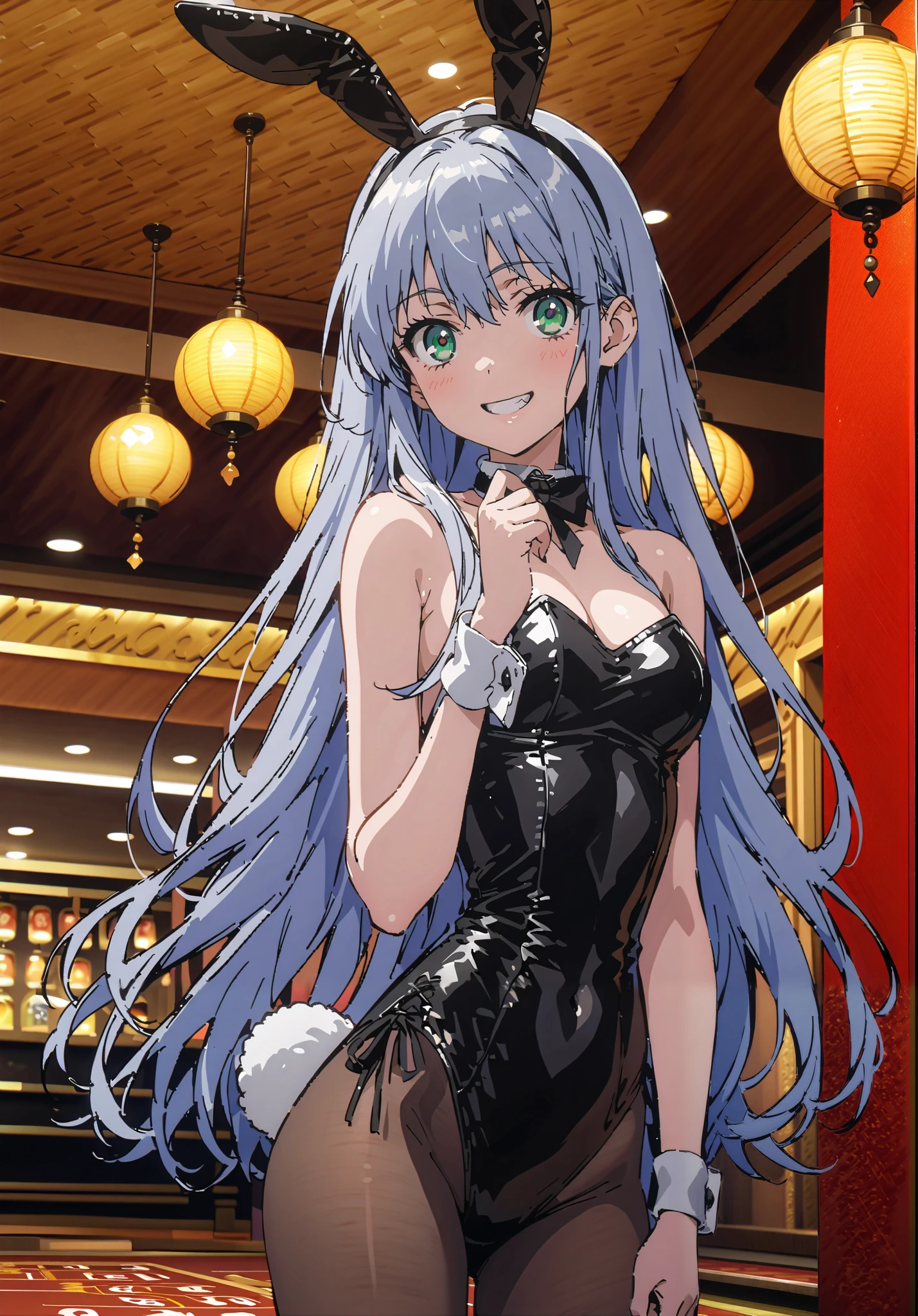 score_9, score_8_up, score_7_up, source_anime, Prohibited bibliography, green eyes, Lantern, long hair, smile,blush, grin ,playboy bunny, rabbit ears, strapless leotard, fake animal ears , rabbit tail, leotard, collar with a butterfly on the back, wrist cuff as pmaru,black pantyhose,pin heels,トレイ on the one hand, casino,chandelier, party venue,standing,full bodyがillustration for both eyesに入るように, break indoors, casino,
break looking at viewer,full body,
break (masterpiece:1.2), Top Quality, High Resolution, Unity 8K Wallpaper , (illustration for both eyes:0.8), (Beautiful Detailed Eyes:1.6), highly detailed face with a woman, perfect lighting, highly detailed CG, (perfect hands in a dark bedroom, perfect anatomy),