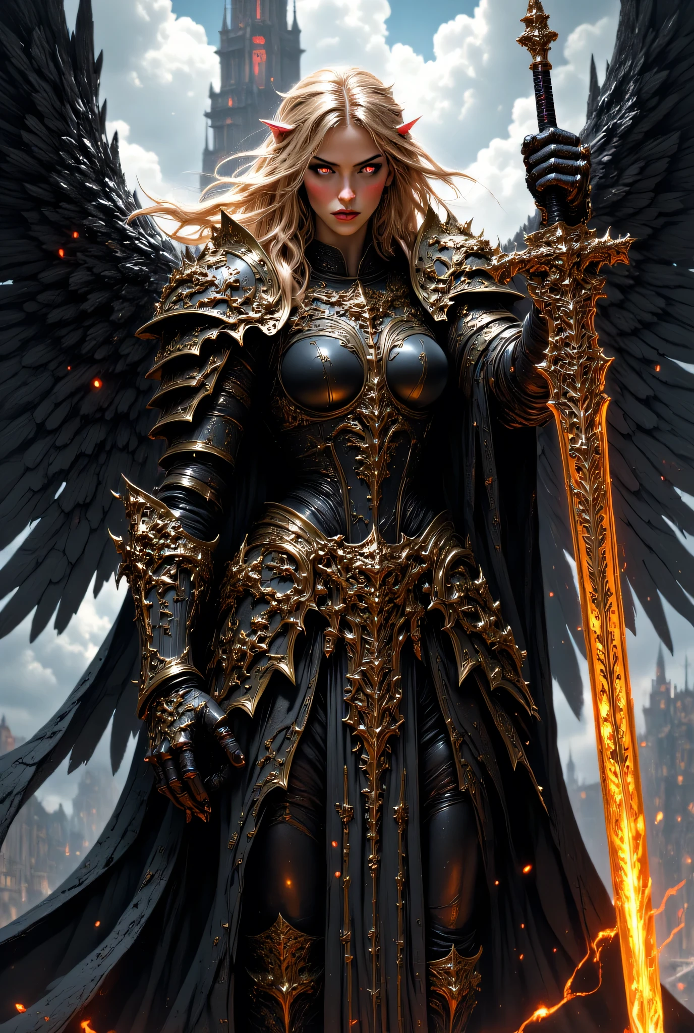 This high-quality digital artwork depicts a fierce, armored female warrior angel with long, flowing golden hair, holding an intricate glowing, runed yellow long sword. She has large, black wings and is clad in intricately designed, dark metal armor that covers her torso and arms. Her expression is determined and powerful. The background features a skyhigh dark tower with a bizarre and horrifying architecture. The camera angle is low, looking up at the female warrior angel, emphasizing her imposing presence. The depth of field is shallow, keeping her in sharp focus while the background is slightly blurred. The overall aesthetic quality is very high, showcasing excellent use of lighting and composition.