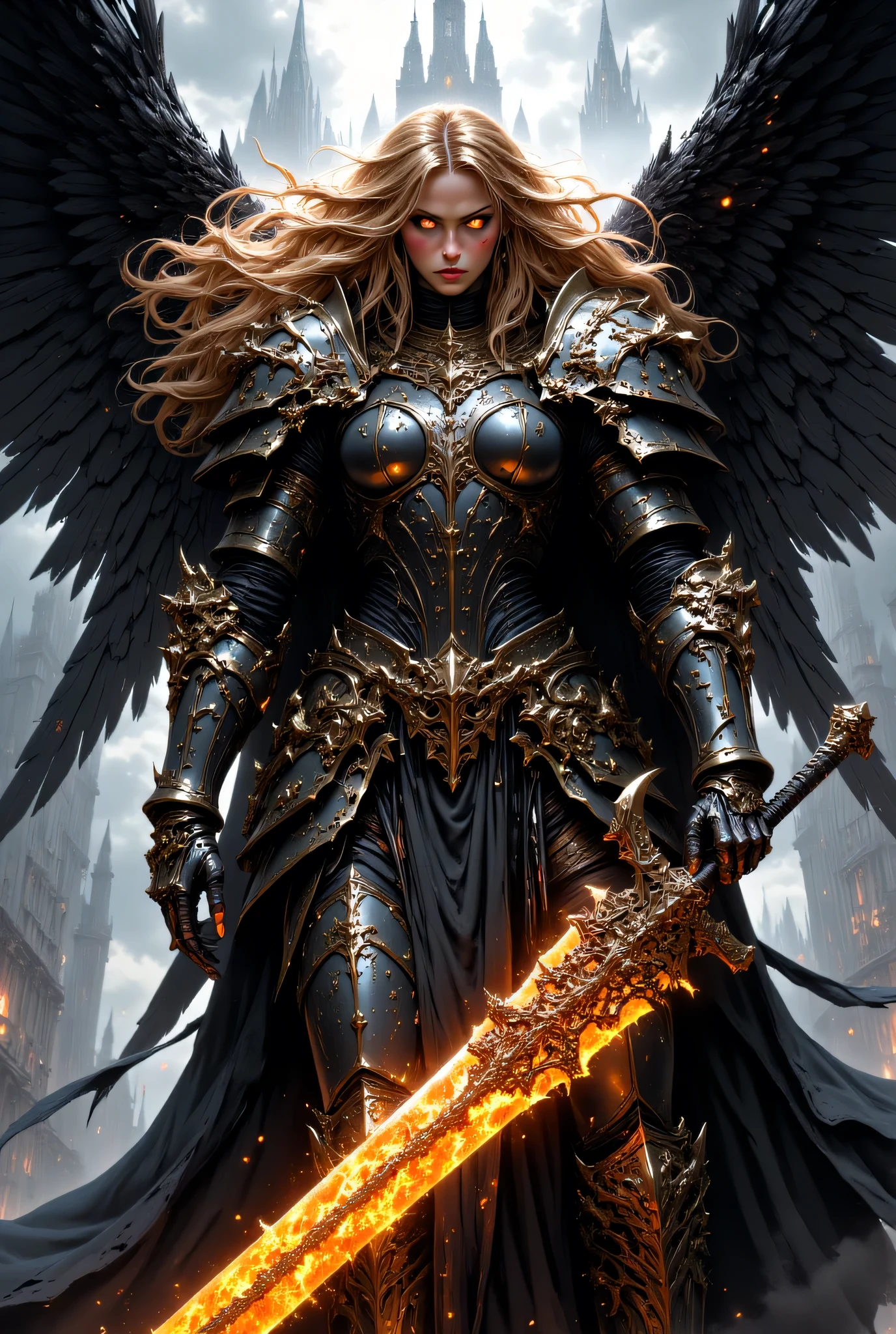 This high-quality digital artwork depicts a fierce, armored female warrior angel with long, flowing golden hair, holding an intricate glowing, runed yellow long sword. She has large, black wings and is clad in intricately designed, dark metal armor that covers her torso and arms. Her expression is determined and powerful. The background features a skyhigh dark tower with a bizarre and horrifying architecture. The camera angle is low, looking up at the female warrior angel, emphasizing her imposing presence. The depth of field is shallow, keeping her in sharp focus while the background is slightly blurred. The overall aesthetic quality is very high, showcasing excellent use of lighting and composition.