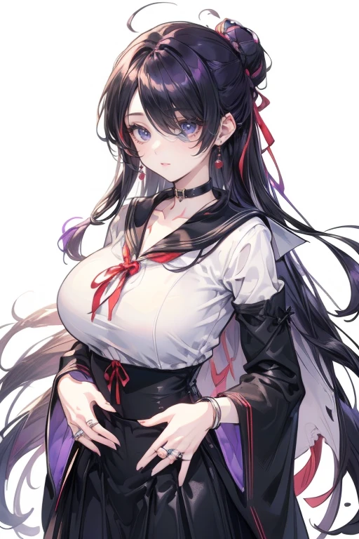 Rivertsukatsuki, River, black hair, (red eyes:1.5), hair ornament, hairclip, Halation, long hair,
、Extremely large breasts(7200)、、I can see your chest、Nipples are visible、Off-the-shoulder maid uniform、Black frill mini dress、Front facing、