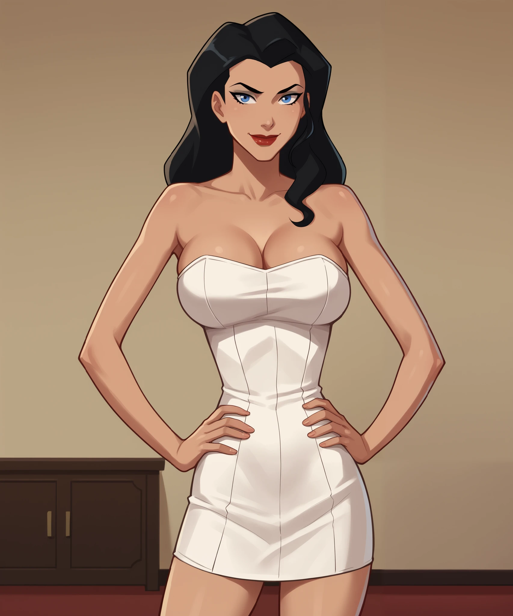 safe_pos, PonyXLV6_Scores BREAK ((parody style, parody), perfect anatomy, perfect eyes, cowboy shot), BREAK zatanna, black hair, blue eyes, dark red lipstick, black makeup, ((looking at viewer)), curvy, athletic, large breasts, standing, indoors, smile, closed mouth, ballroom, sultry expression, standing, white strapless dress, hands on hips