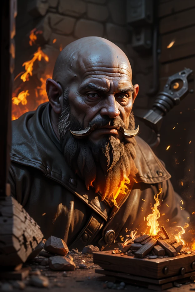 dwarf, rosto  detailed, gray skin, miner, Smith, in a forge, big beard style, bald,  detailed, sculpted face, serious expression, working on an anvil, sparks, rustic desktop environment, fire light, metal effects, high definition, oil painting, photo realistic,  warm colors, deep shadows