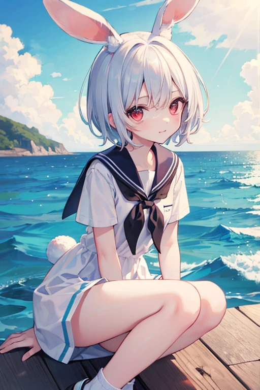 High resolution、Girl、Silver Hair、short hair、Fox Ears、blue eyes、Slender、Small breasts、Ocean,Sailor suit,、On board,summer,7moon,Sweat,blue sky