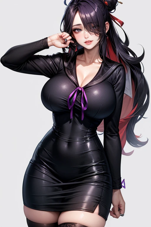 Adult woman, sitting on the hood of a car, long black hair, swaying in the wind, brown eyes, shadow around her eyes, blue lipstick, perfectly round earrings of golden ring, wearing tight clothes, black suit and dark blue shirt, black tie. Big breasts, broad shoulders, using red gloves.