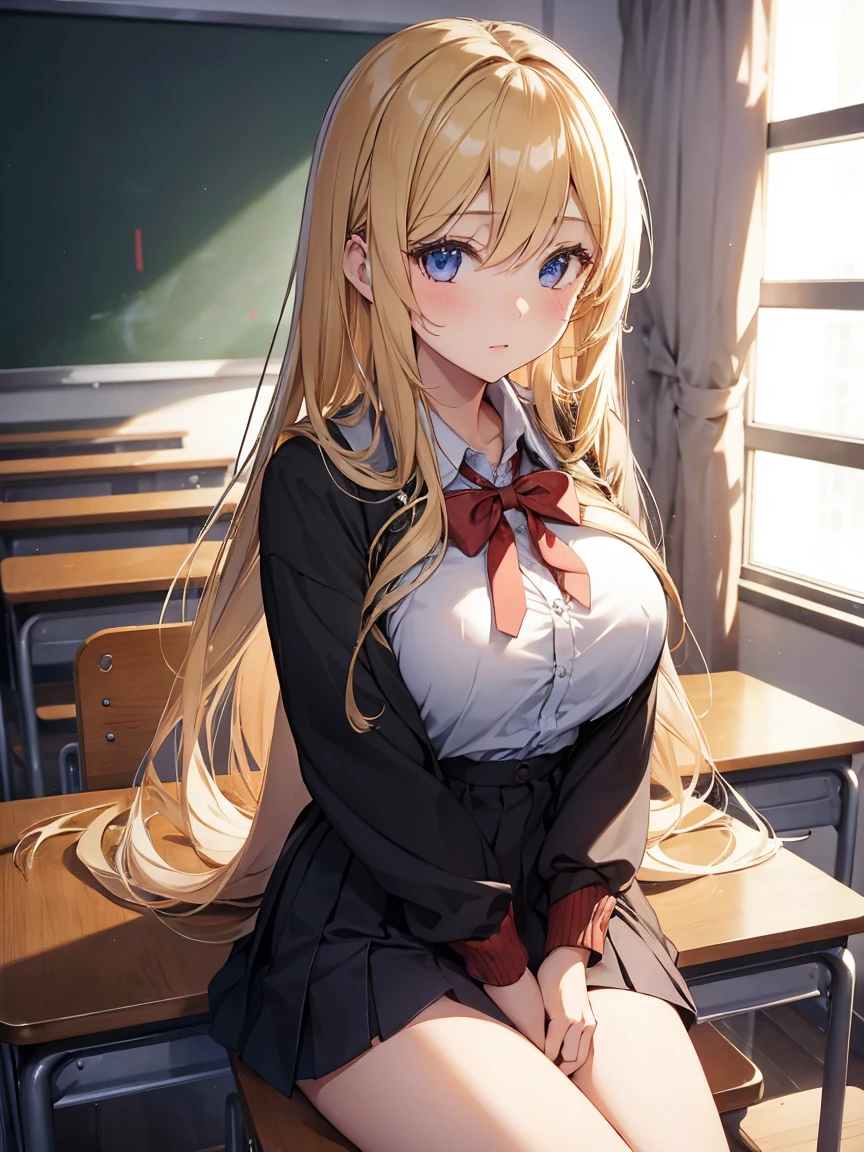 (schoolgirl)), ((anime)), 1girl, long hair, blond hair, hime cut, 2 sidelocks, stern expression, dark blue eyes, fair skin, big breasts, honor student