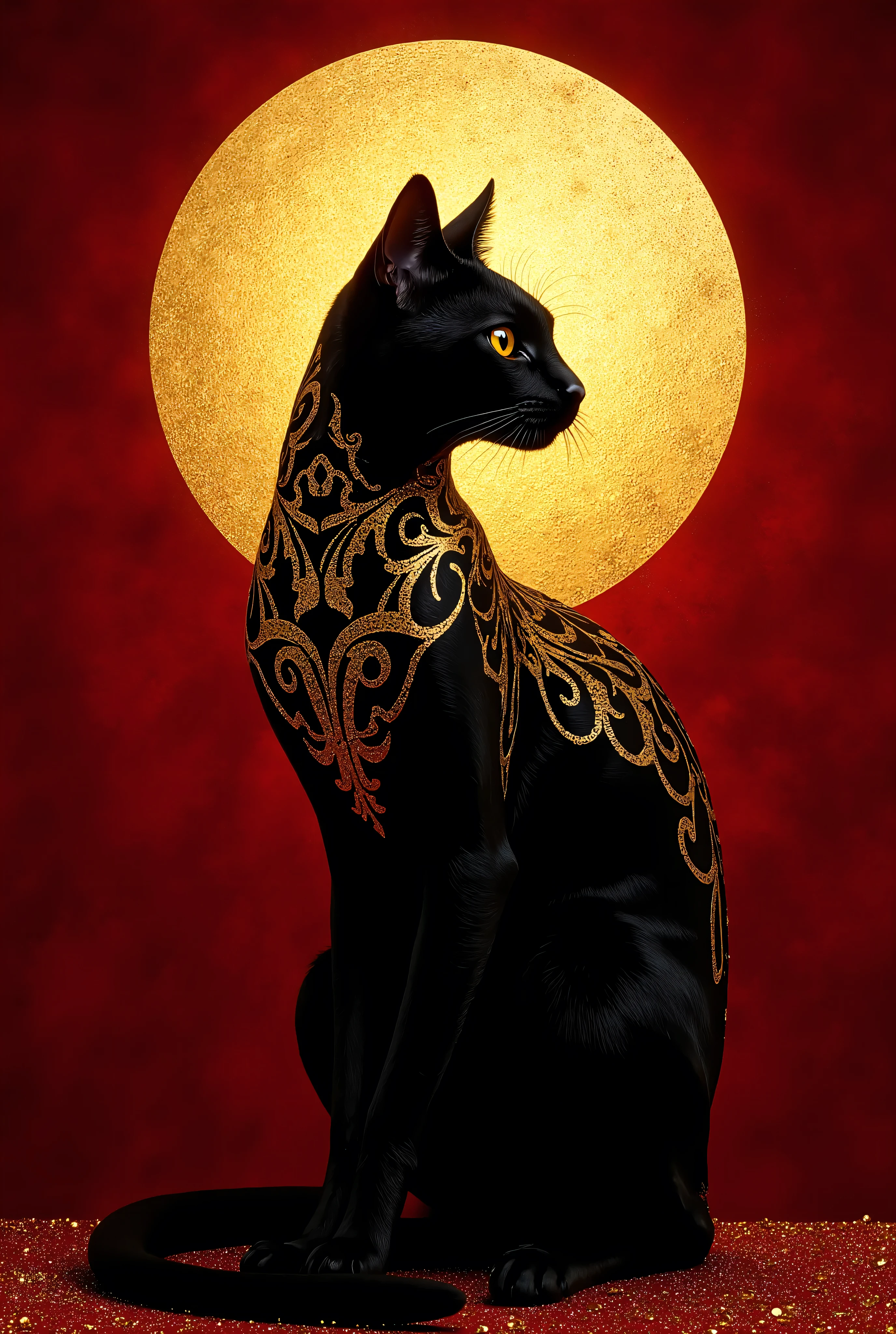 Contemporary luxury interpretation of the classic Le Chat Noir poster featuring a bold geometric black cat silhouette enhanced with art deco inspired golden filigree patterns along its profile set against a rich crimson velvet textured background with a perfect circular golden moon positioned precisely behind the cat's head creating a dramatic backlit effect captured in a striking frontal composition with theatrical spotlighting that creates dramatic shadows and highlights the metallic gold accents while maintaining the vintage cabaret spirit with subtle modern typography elements and delicate golden dust particles floating throughout the scene.