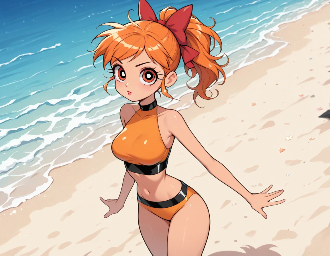 masterpiece, best quality, ultra detailed, 1girl, solo, flat color, cel shading, solid outline, ultra detailed face, sobbing, on one knee, side by snow igloo, blizzard at midnight, orange lights, (one eye closed:1.3), (medium breasts:1.5), wearing blue and orange bikini