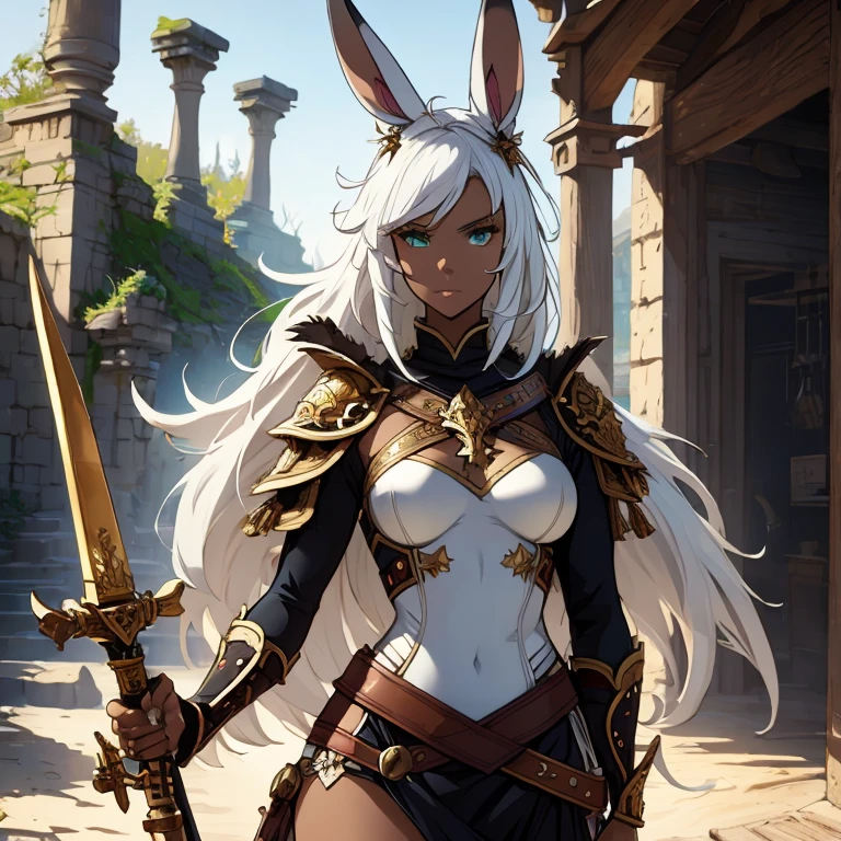 (masterpiece, sidelighting, finely detailed beautiful eyes:1.2), 1girl, animal_ears, armor, gauntlets, midriff, panties, large_breasts, viera, viera_\(final_fantasy_xiv\), bunny ears, smile, solo, athletic, long_hair, dynamic pose, (final_fantasy_xiv), (final_fantasy_14), <lora:Yoshida Akihiko - Bravely Default, FFT, Nier:0.3> <lora:Nomura Tetsuya - Kingdom Hearts 0.6:0.3>, fantasy landscape, steampunk, mysterious and ethereal aura, zoomed out