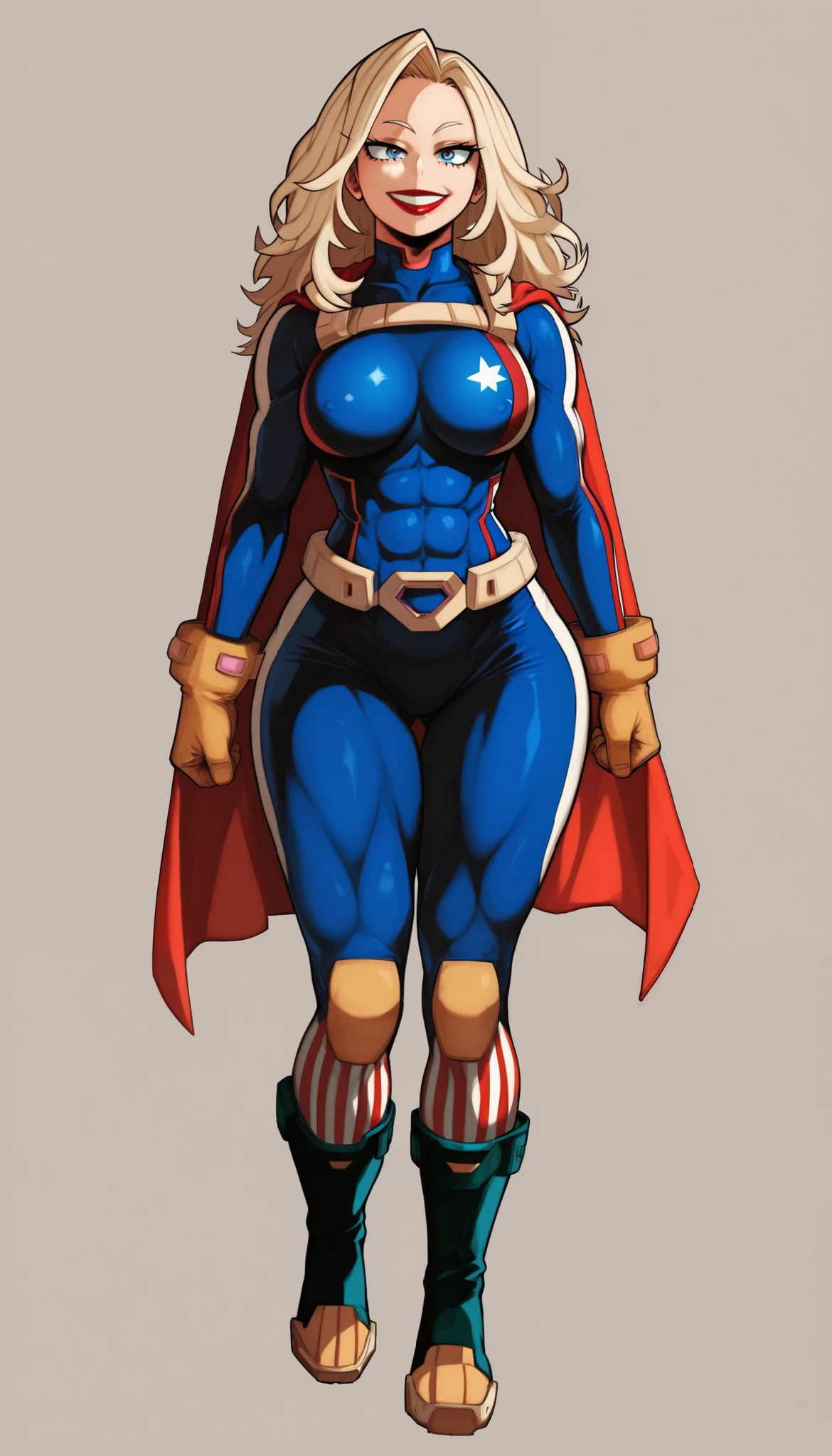 (My Hero Academia Style), (High Quality), 1Girl, Solo, Anthro, Female, (Mature woman), (tall woman), (older woman), (milf), (((Light skin))), (red lipstick), (conceited expression), (arrogant look), (smug smile), (blue eyes), (blond hair), (long hair), (American flag themed hero suit) (navy blue skin-tight hero suit with red lines), (Full Body Hero Suit), (American Flag Cape), (Long cape), (Hero Suit with Cape), (Tight Fit Hero Suit), (Golden gloves and boots), (gold belt with a U logo on the buckle), (medium breasts), (wide calves), (wide hips), (wide thighs), (slender waist), Abs, (perfect anatomy), (perfect hands), (super detailed), (simple background) ((Perfect face)), (looking at viewer), (full body photo:1.5), (skindentation), (Thigh gap), (Knee gap), (ankle Gap), Looking at the viewer,