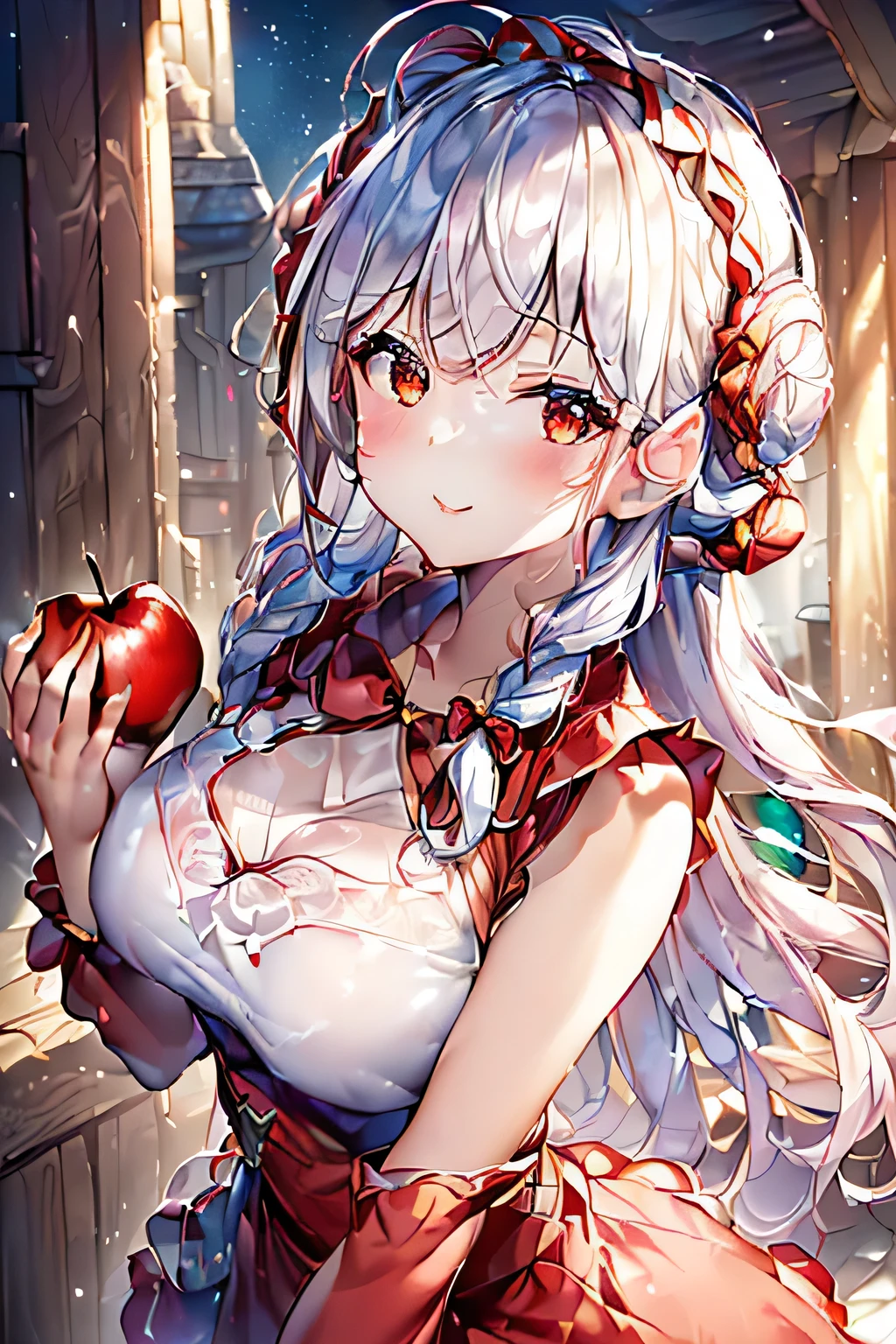 (ukiyoe painting:1.3),(3D Animation:1.3),(Costumes in the style of fantasy),(Grimm fairy tale world),(Little Red Riding Hood,Little Red Riding Hood,red riding hood:1.3),(farmhouse entrance:1.3),(red little red riding hood:1.3),(((Red Tunic:1.3))),(((apples and bread in the basket),Cute and beautiful girl,Cute round face,Cute smile,with blush cheeks,Red Lip,(silver white hair,Floral braided headband,half up、Floral Braided Space Van,Voluminous Fishtail Braids,Twisted chignon,),(Bangs are see-through bangs),hair pin,hair adornments,detailed clothes features,Detailed hair features,detailed facial features,(Dynamic angles),(Dynamic and sexy poses),clothes that emphasize big breasts,Cinematic Light,(masutepiece,top-quality,Ultra-high resolution output image,depth of fields,intricate detailes,Make the subject look three-dimensional with the contrast of light and shadow,) ,(The 8k quality,Anatomically accurate facial structure,),(Sea Art 2 Mode:1.3),(Image Mode Ultra HD,)