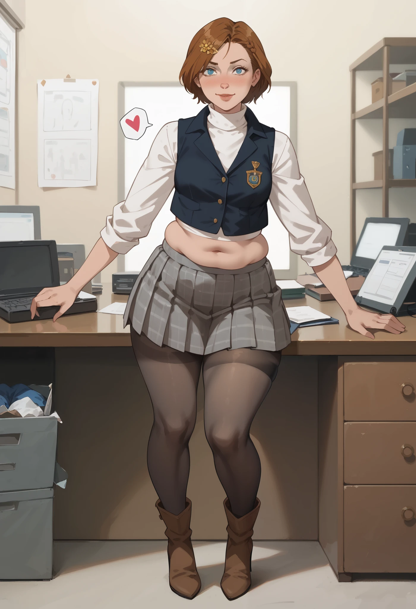 ,(1 girl, solo) () source_western, wide hips, obese, leaning over,(dark hair) (high heels), (asymmetrical bangs)short hair, braid, white turtleneck, long sleeves, black vest, plaid pleated skirt, black pantyhose, brown boots office background, (pinching her nipples with both hands), (from the side), Random hair color, , looking at viewer,, (), (skindentation), () (specular and volumetric lighting:1.3) (sunbeams:1.1) (deep shadows:1.1) (candid picture:1.1) (art by norman rockwell)((Phyllis Ginger)), flickr, op art, ((susan hayward, linda wilder, sigourney weaver, judy garland)) fat girl, (hearts around her head), (covered midriff:1.2),
