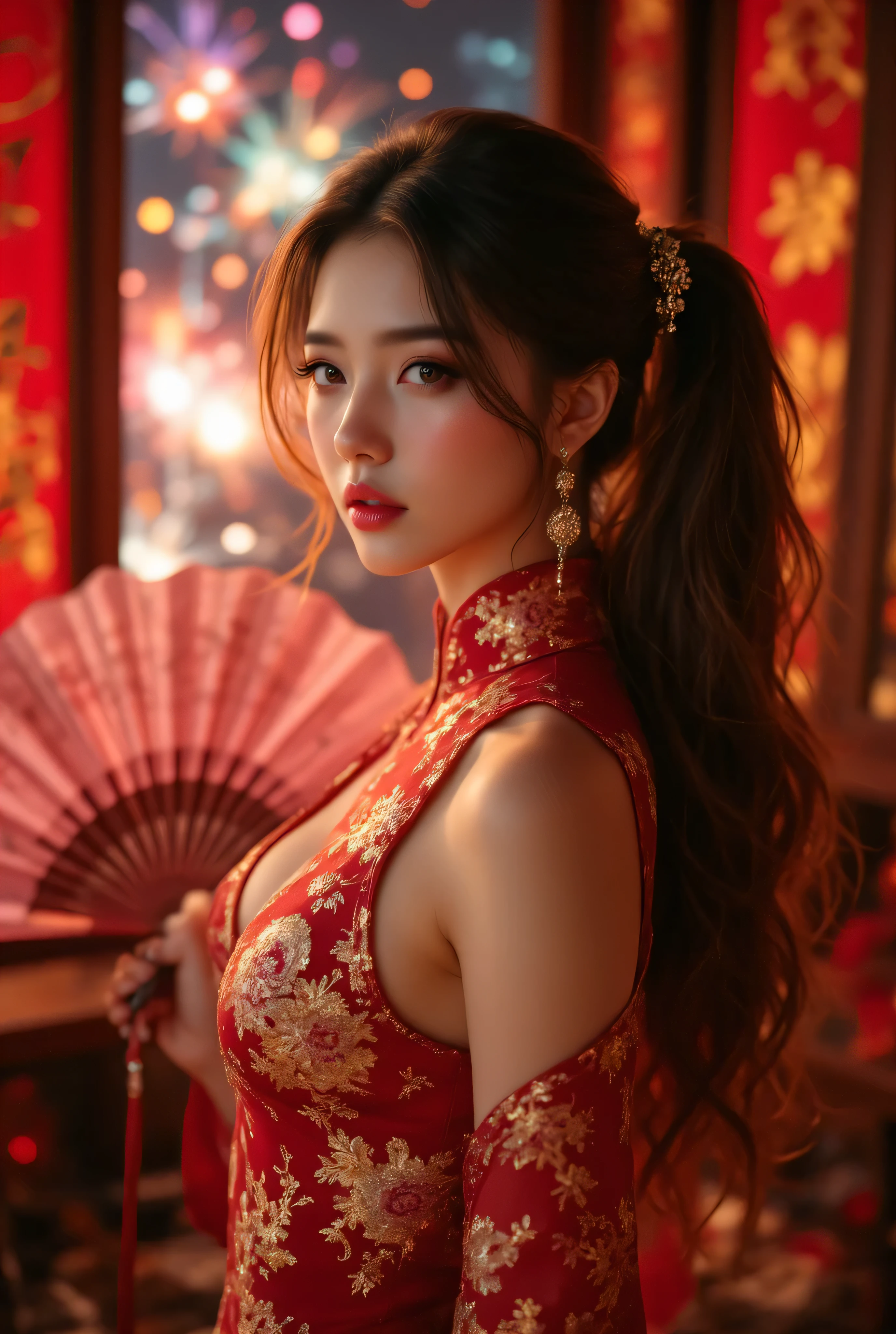 <lora:Spring Festival:0.8>, best quality, masterpiece, illustration, realistic, photo-realistic, amazing, finely detail, incredibly absurdres, huge filesize, ultra-detailed, highres, extremely detailed CG unity 8k wallpaper, nsfw, A captivating young Chinese woman adorned with hair ornaments and earrings. Her long black eyelashes frame her expressive eyes, which sparkle with mischief. Rosy blush dances on her cheeks, hinting at a playful smile. She is attired in a striking red silk cheongsam, the deep V-neckline showcasing delicate embroidery that shimmers with gold thread. The blurred background fades against the vibrant red, drawing attention to her graceful silhouette. From this sidelong perspective, the viewer catches a glimpse of her playful charm and undeniable allure.