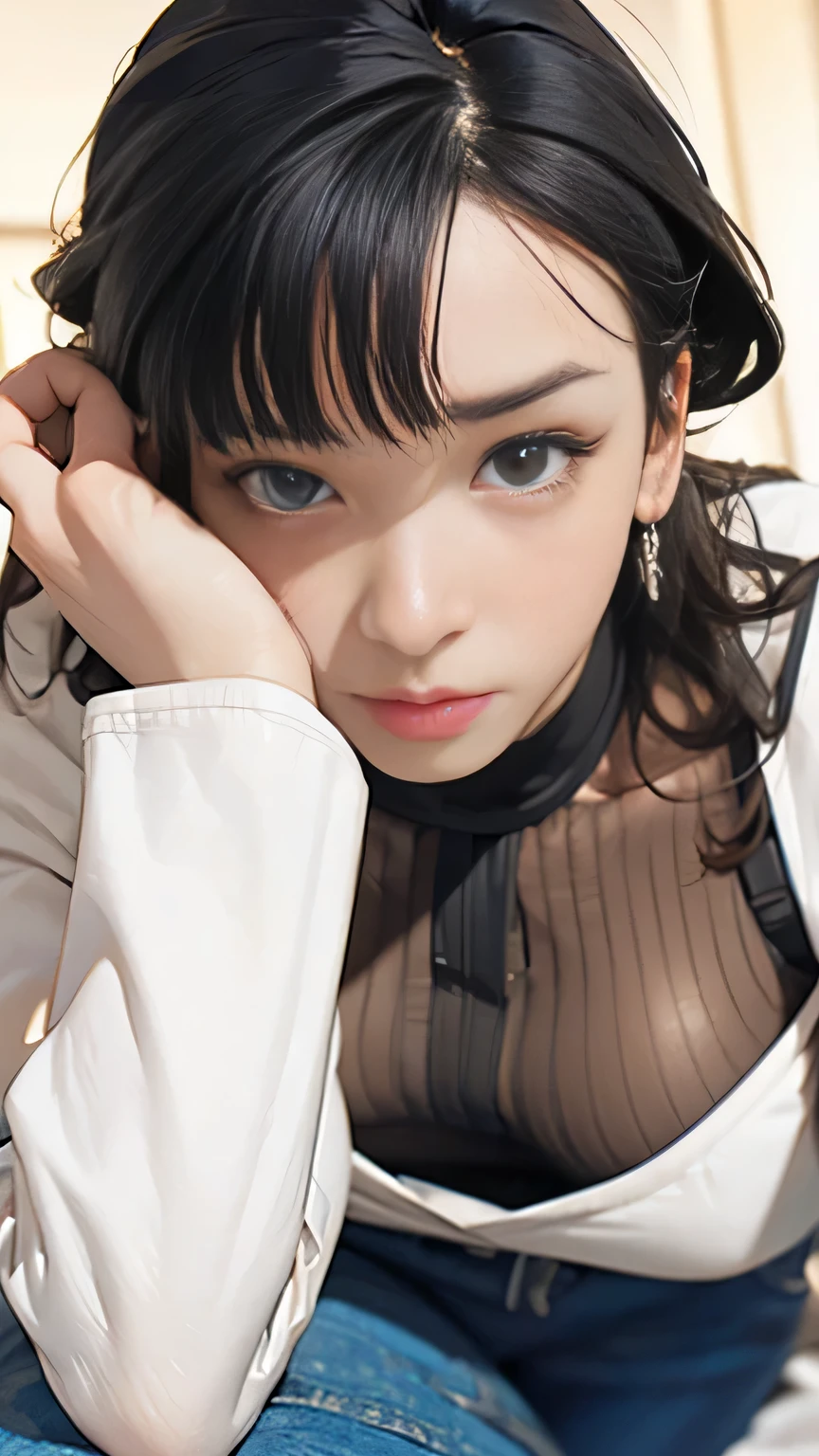 there is a woman in a black hat and fishnet stockings posing, sui ishida with black hair, 1 7 - year - old anime goth girl, 1 7 - year - old goth girl, shikamimi, with black pigtails, black hime cut hair, she has black hair with bangs, whitebangsblackhair, 2b, 2 b