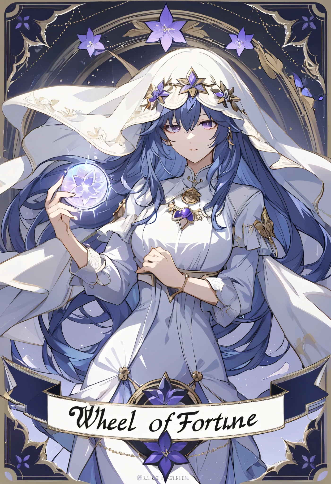 Handsome, solo, 1 female, long hair, blue hair, light purple eyes, white veil, tarot, Wheel of Fortune