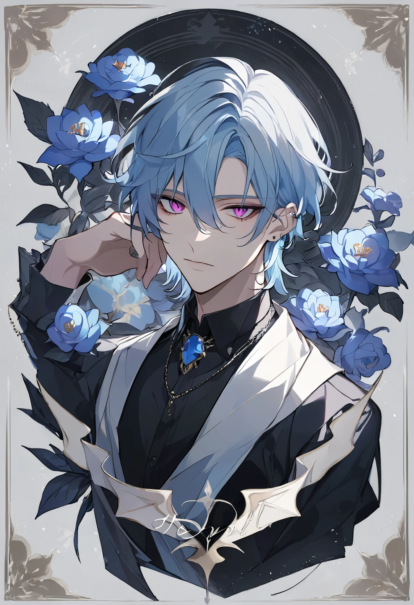 Handsome, solo, 1 male, medium hair, light blue hair, magenta eyes, white shirt, black shirt, blue flower, The Devil