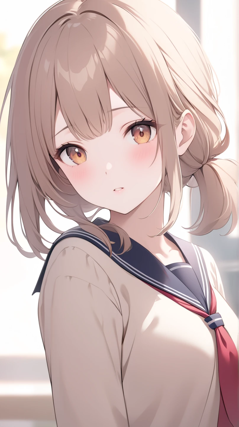 masterpiece, absurdres, best quality, ultra detailed, high Resolution, detailed illustration, bright colour, (extremely beautiful detailed face and eyes, Delicate beautiful face, 1 girl, cute face:1.3), (magenta eyes:1.1), sparkling eyes, big eyes, medium breasts, (perky breasts:1.1), (pointy breasts:1.1), medium hips, glamorous body, white skin, BREAK, long bob cut, (blonde hair:0.8), messy hair, detailed hair, shiny hair, BREAK (Sailor suit, no brassiere:1.3), perfect lighting, (embarrassed:1.3), (ecstasy, vulgarity:1.5), (trembling:0.8), classroom, paizuri,