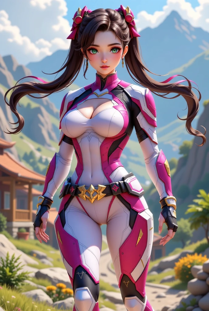 Big breasted Eve in pink tight suit with tech details inside a desert with ponytail and long hair
