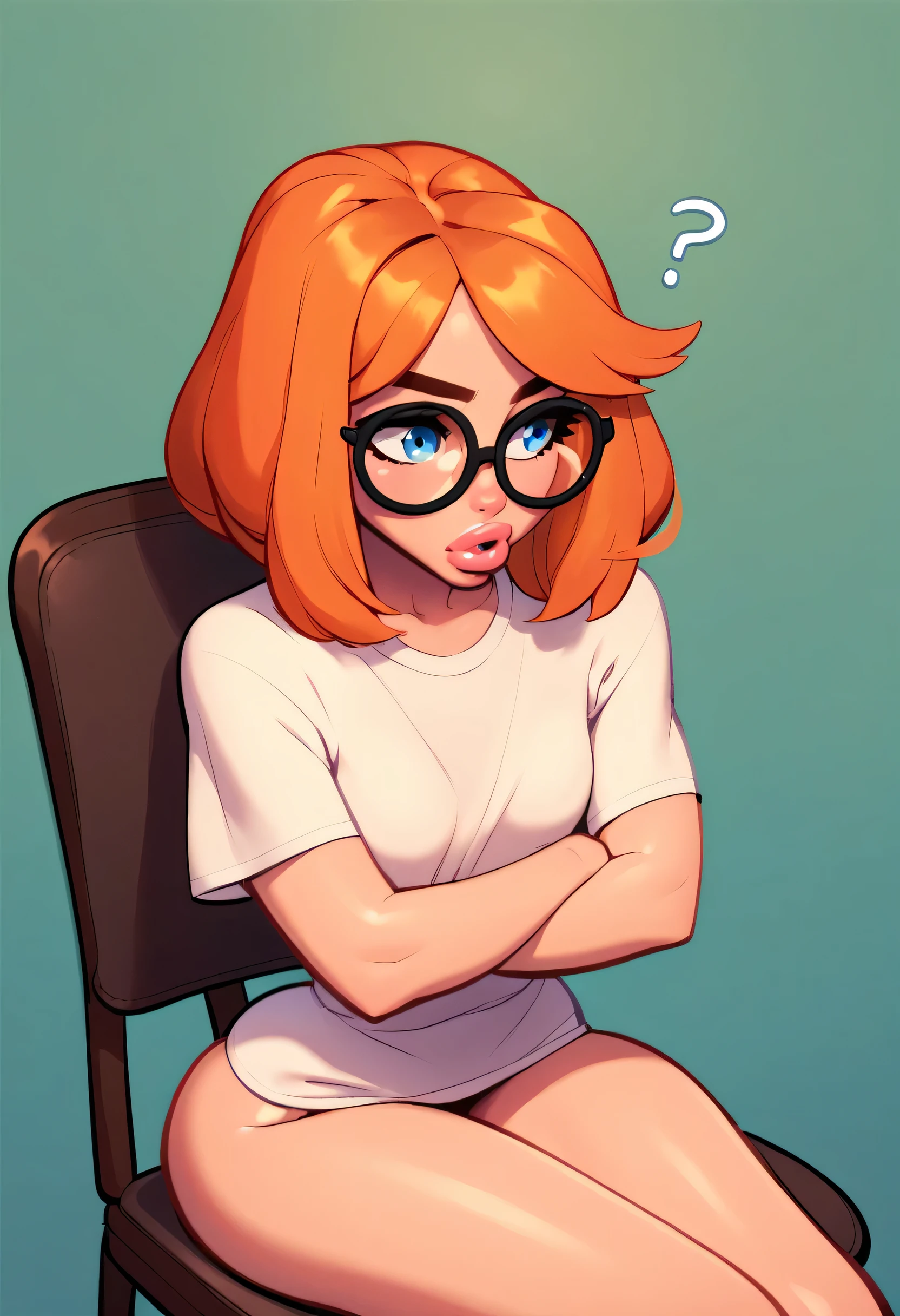 score_5_up, score_6_up, score_7_up, 1girl, solo, lips, sitting, in chair, looking forward, mouth open, talking, eyes half close, brows down, confused facial expression, crossing arms, wide hips, , glasses, blue eyes, long straight orange hair, small breasts, long oversized shirt,