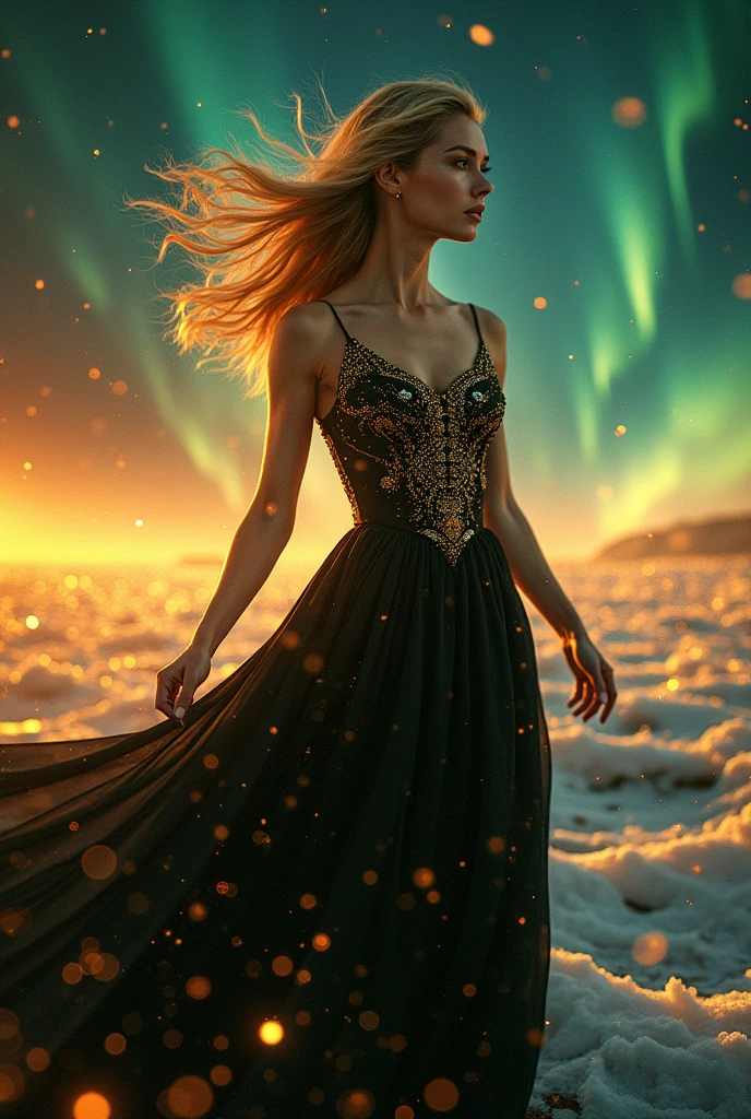 Gold long hair woman in Black Gown visualized through Spectral Sound Wave Cartography, where audio frequencies create Aurora boerealis luminous topographical maps. Wave edges pulse with Green and Yellow, while amplitude peaks glow with Orange, creating a symphony of light on her big gown Create Gold Nuggets made on her ornamental gown, add White and Red to match colours in the place when should be eye create a shining with golden light star Northern Lights. Utilize iridescent red and azure to emphasize the Mystical atmosphere