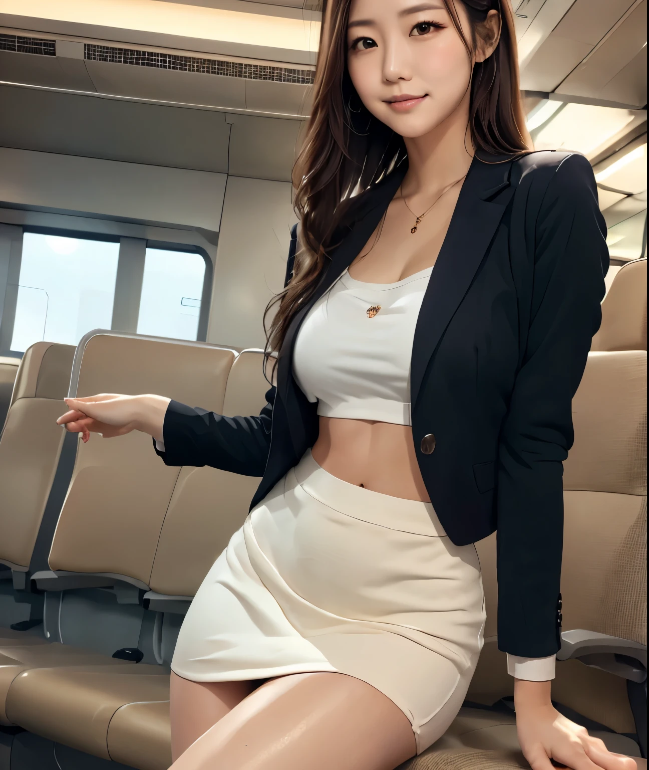 best quality,masterpiece,real,realistic,photo,photorealistic,looking at viewer,cowboy shot,hna uniform,1girl,solo,an extremely delicate and beautiful girl,standing,v arms,airport,terminal,(black pantyhose),chest tightness,BIG ,highlighting the chest,