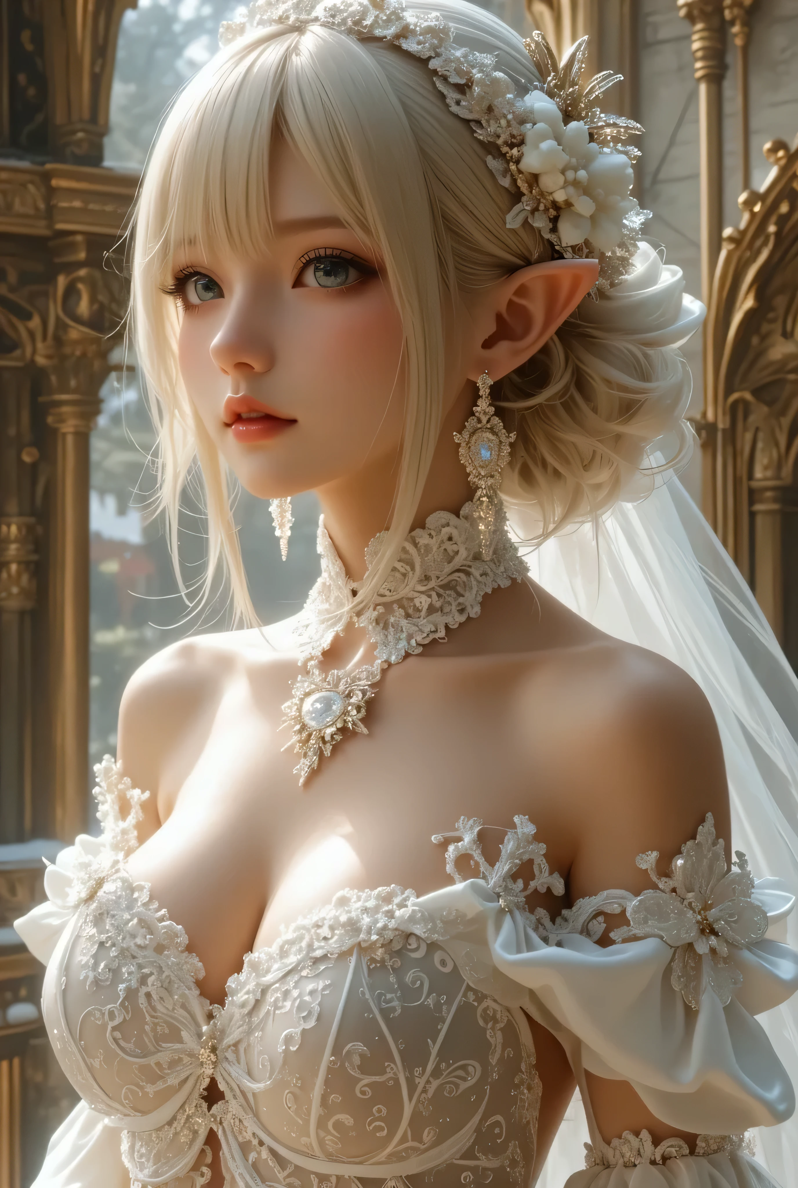 The young lady in a white wedding dress walked out of the dream like a fairy. The yarn was gentle, gently brushing her slender figure, her delicate face was filled with a happy smile, and her eyes were shining with bright starlight. The hair is carefully woven into an elegant bun, and the head is dotted with slender flowers, like spring elves. Her smile was like sunshine, warming the whole scene, as if the essence of love was perfectly presented in he