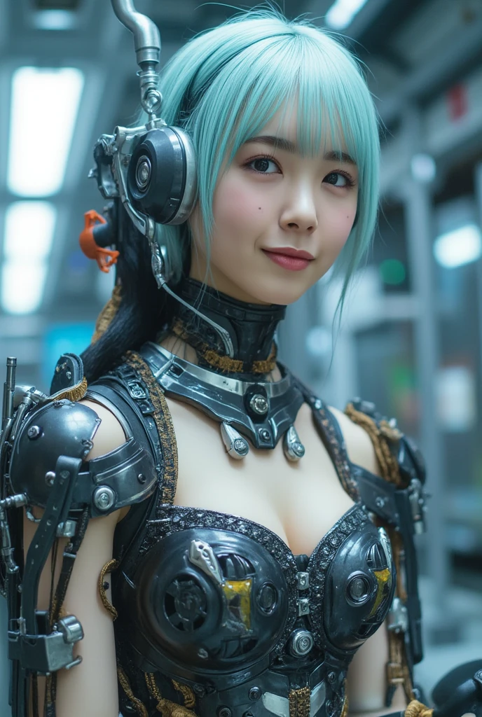 (best quality:1.2), 8k, highres, octan render, (masterpiece), extremely ultra detail, cyborgized Japanese woman, extremely ultra cute face, , skinny body, flat chest, (blue metallic mechanical frame:1.5), (Power cables connected throughout the body), detaile up, Instead of hair, there are cables growing out of it, mechanical fusion, mechanical skeleton, bio mechanics, mechanical life-form, highly intricate detail, extremely ultra real texture, human-like skin, realistic hair, ultra realistic details, professional lighting, (realistic:1.4), (RAW photo:1.2), (photorealistic:1.37)