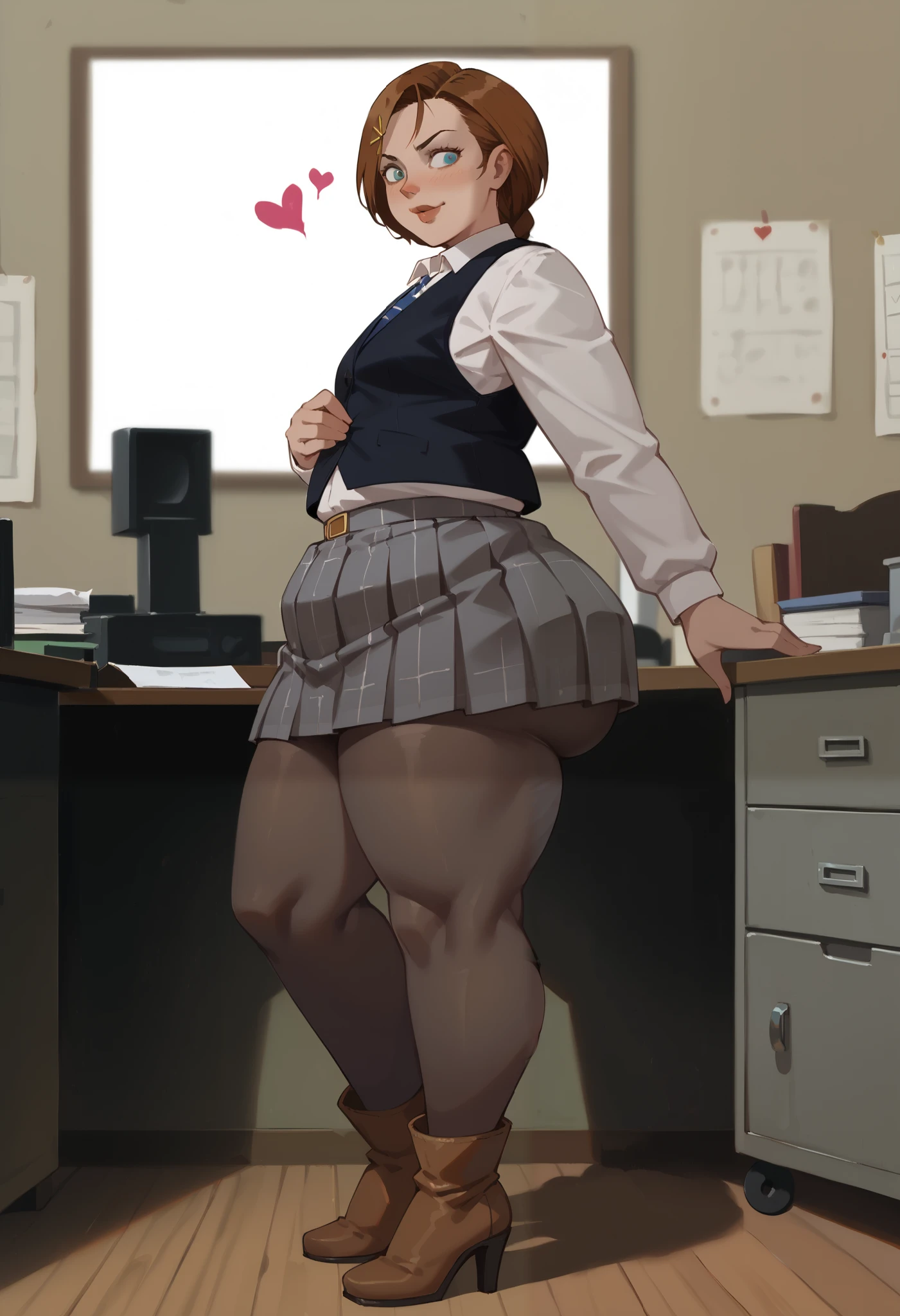 ,(1 girl, solo) () source_western, wide hips, obese, leaning over,(dark hair) (high heels), (asymmetrical bangs)short hair, braid, white turtleneck, long sleeves, black vest, plaid pleated skirt, black pantyhose, brown boots office background, (pinching her nipples with both hands), (from the side), Random hair color, , looking at viewer,, (), (skindentation), () (specular and volumetric lighting:1.3) (sunbeams:1.1) (deep shadows:1.1) (candid picture:1.1) (art by norman rockwell)((Phyllis Ginger)), flickr, op art, ((susan hayward, linda wilder, sigourney weaver, judy garland)) fat girl, (hearts around her head), (covered midriff:1.2), (infragluteal fold:1
