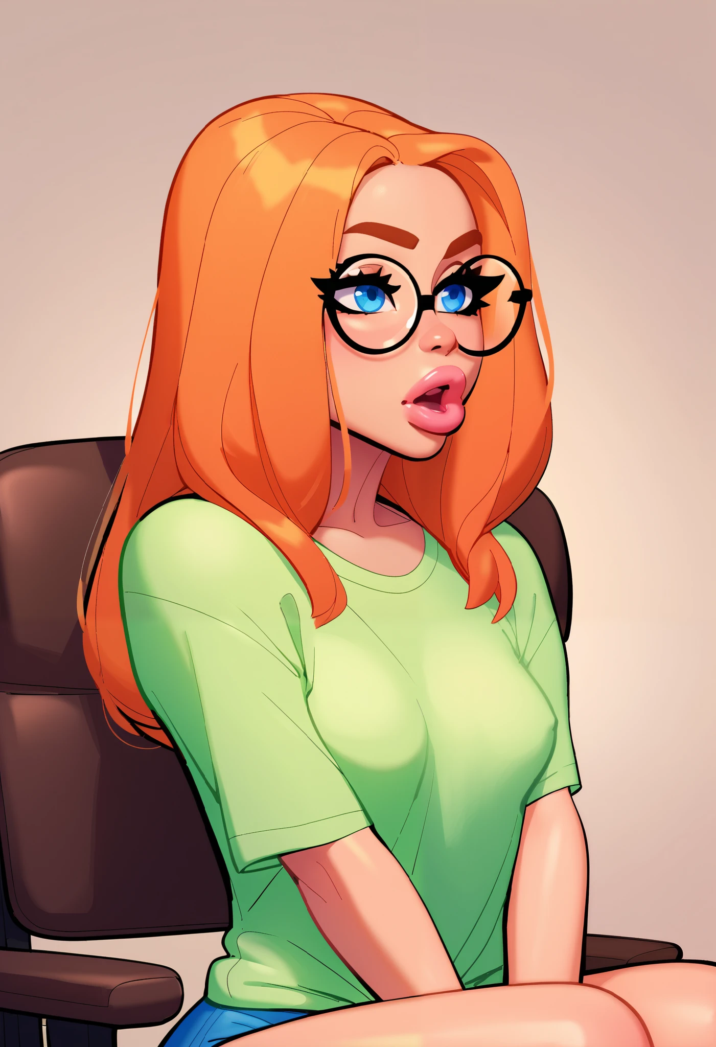 side camera, score_5_up, score_6_up, score_7_up, 1girl, solo, lips, sitting, in chair, looking forward, mouth open, talking, eyes half close, brows down, confused facial expression, crossing arms, wide hips, , glasses, blue eyes, long straight orange hair, small breasts, long oversized shirt,